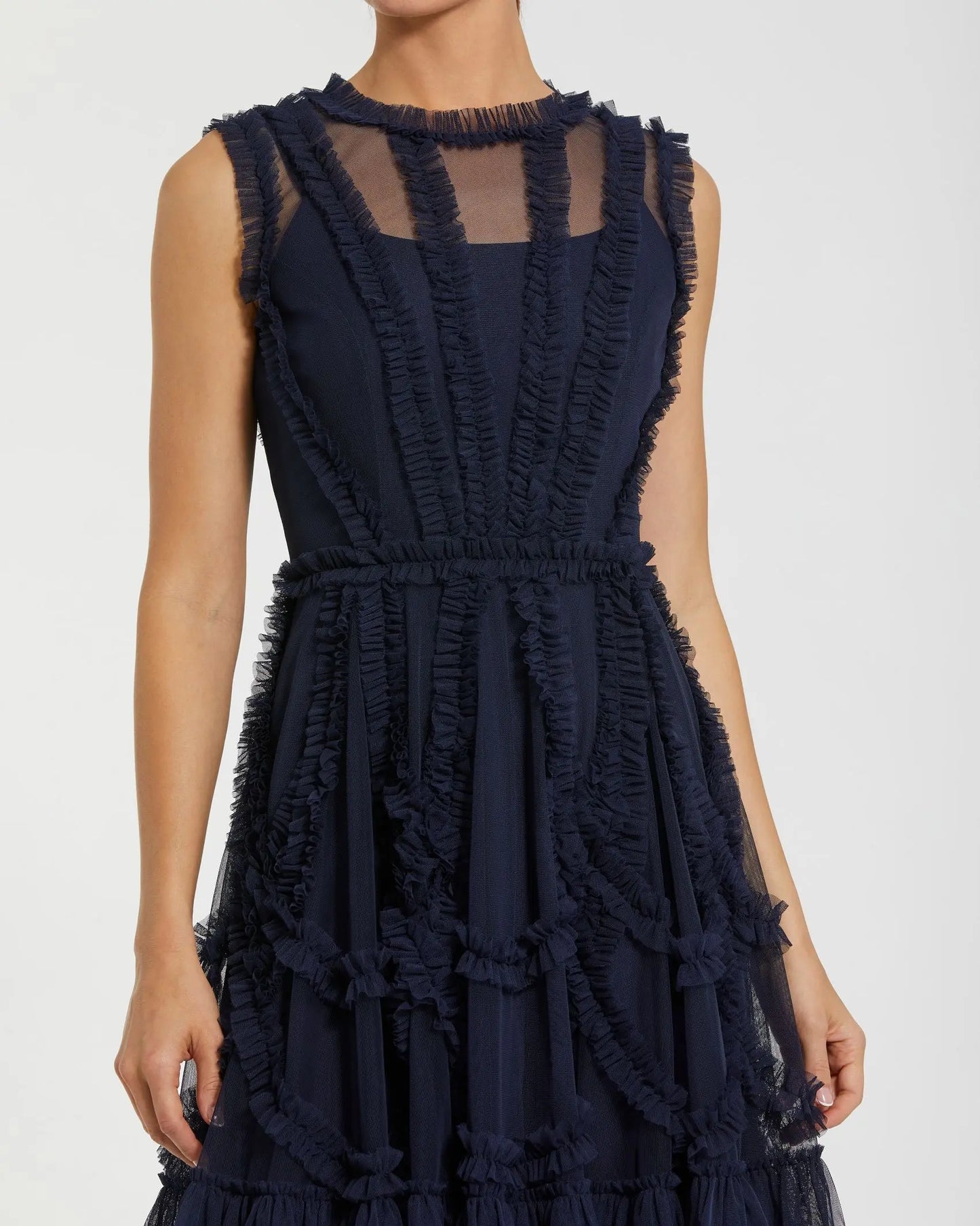 Mac Duggal Women's Mesh Micro Ruffle High Neck Mini Dress - Indigo Mac Duggal Women's Mesh Micro Ruffle High Neck Mini Dress - Indigo