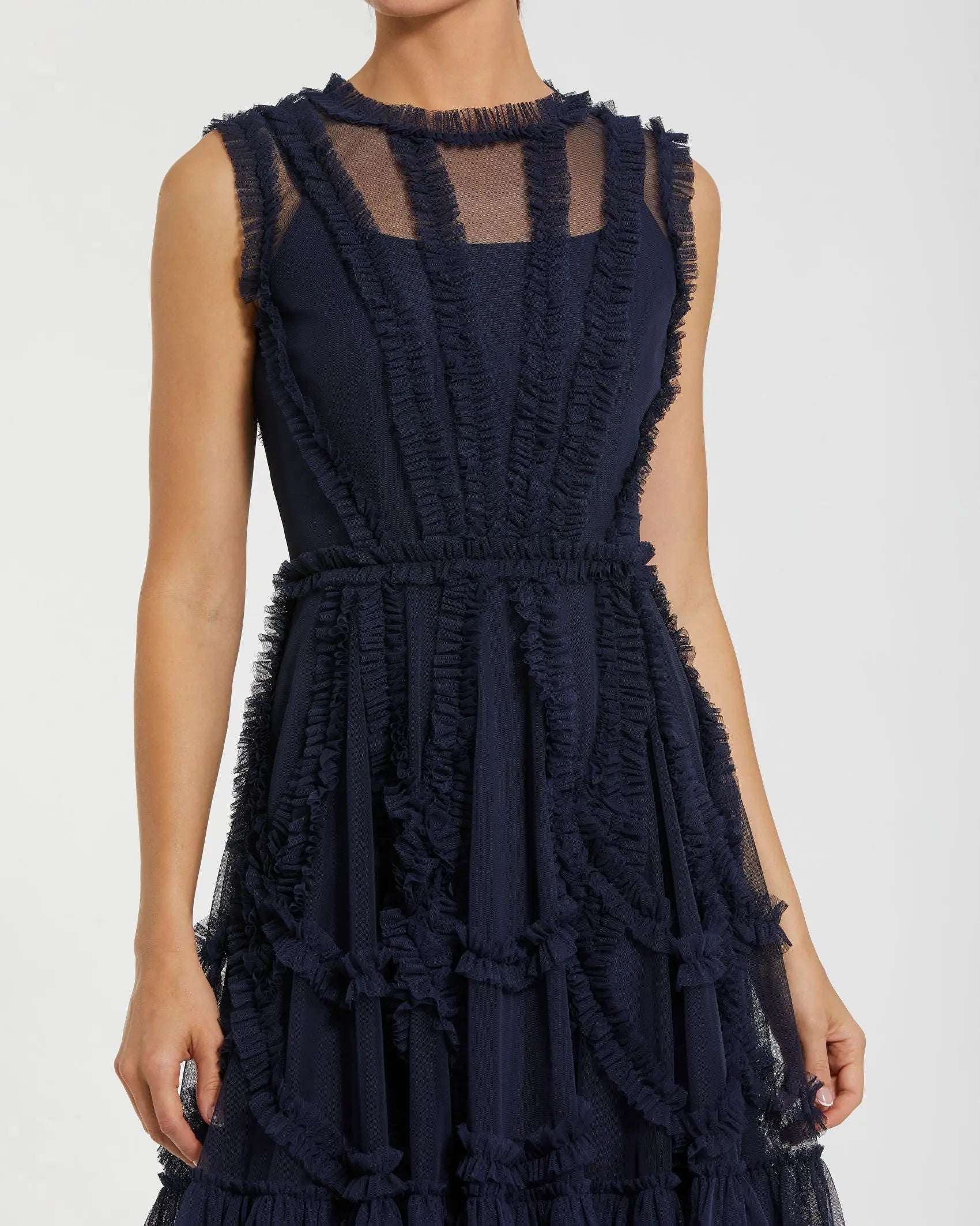 Navy High Neck Sleeveless Micro Ruffle Mini Dress - Mac Duggal