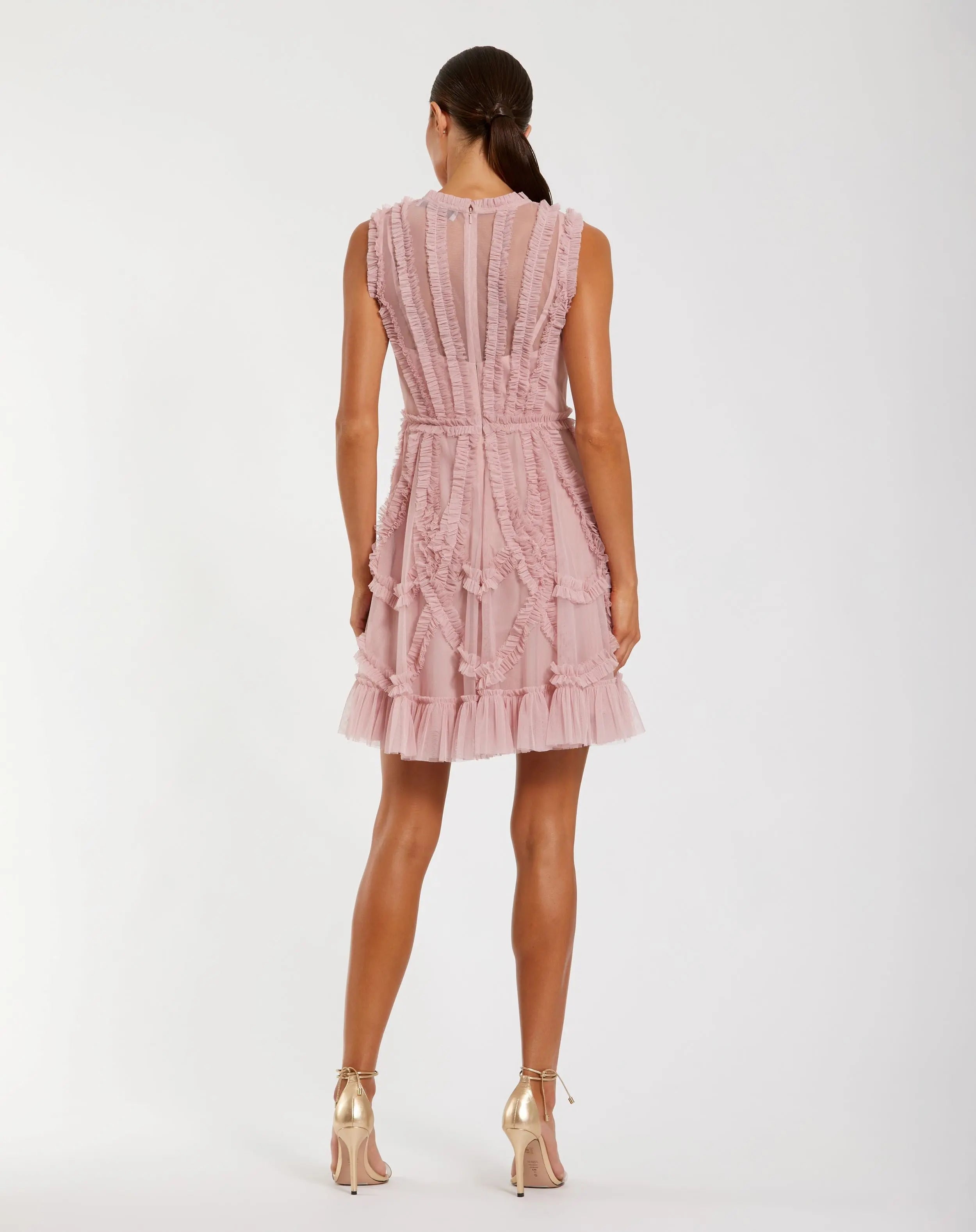 Pink Mesh Micro Ruffle High Neck Mini Dress - Mac Duggal