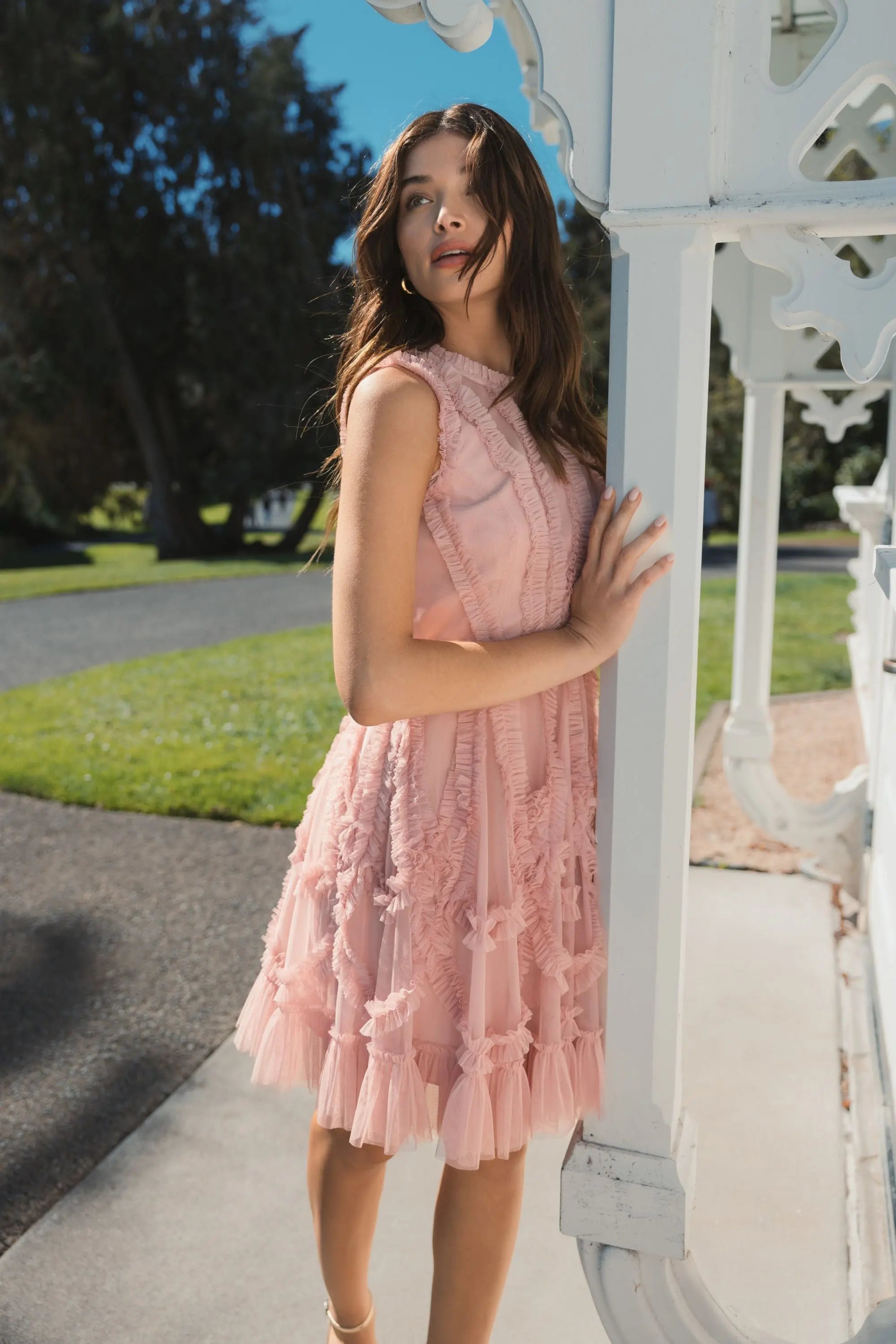 Pink Mesh Micro Ruffle High Neck Mini Dress - Mac Duggal