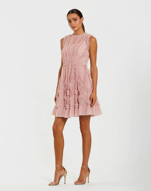 Pink Mesh Micro Ruffle High Neck Mini Dress