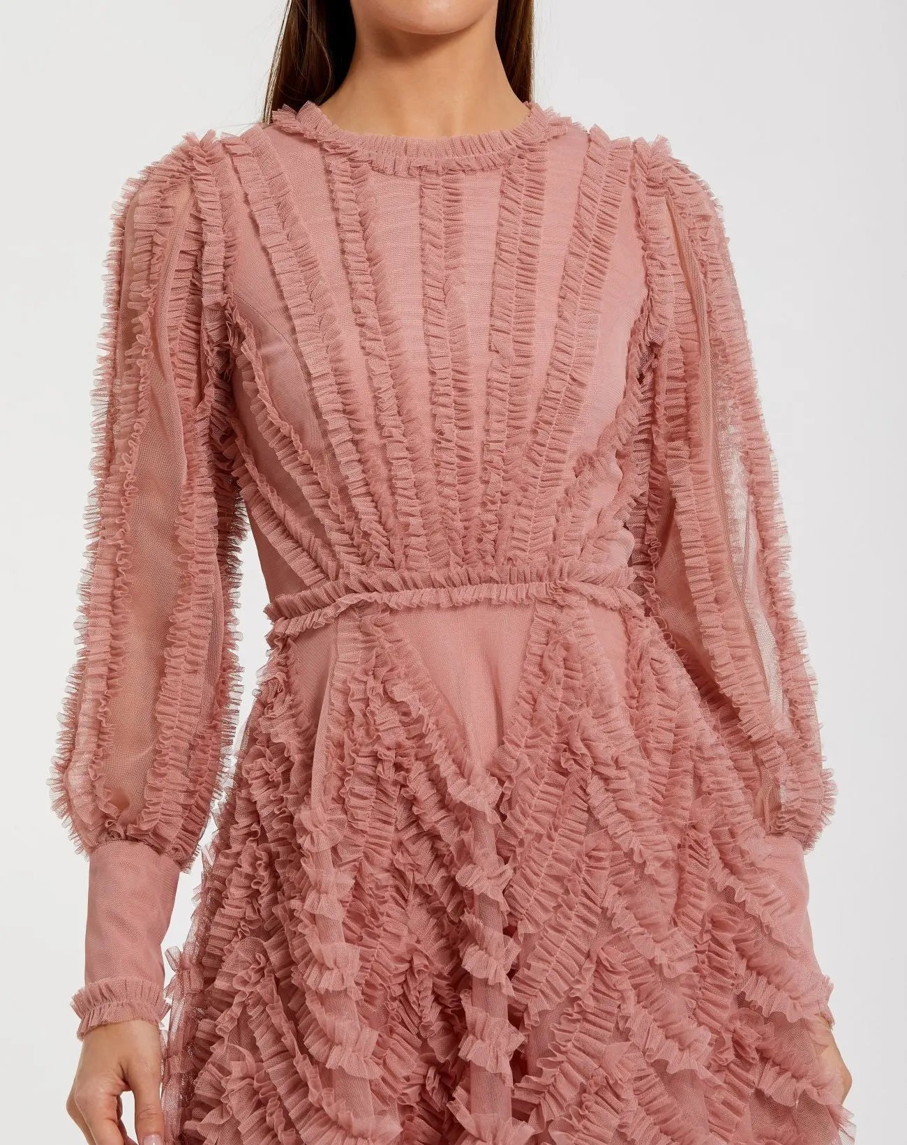 knee length dresses for ladies Mac Duggal Women's Ruffle Lace Up Back Long Sleeve Mini Dress