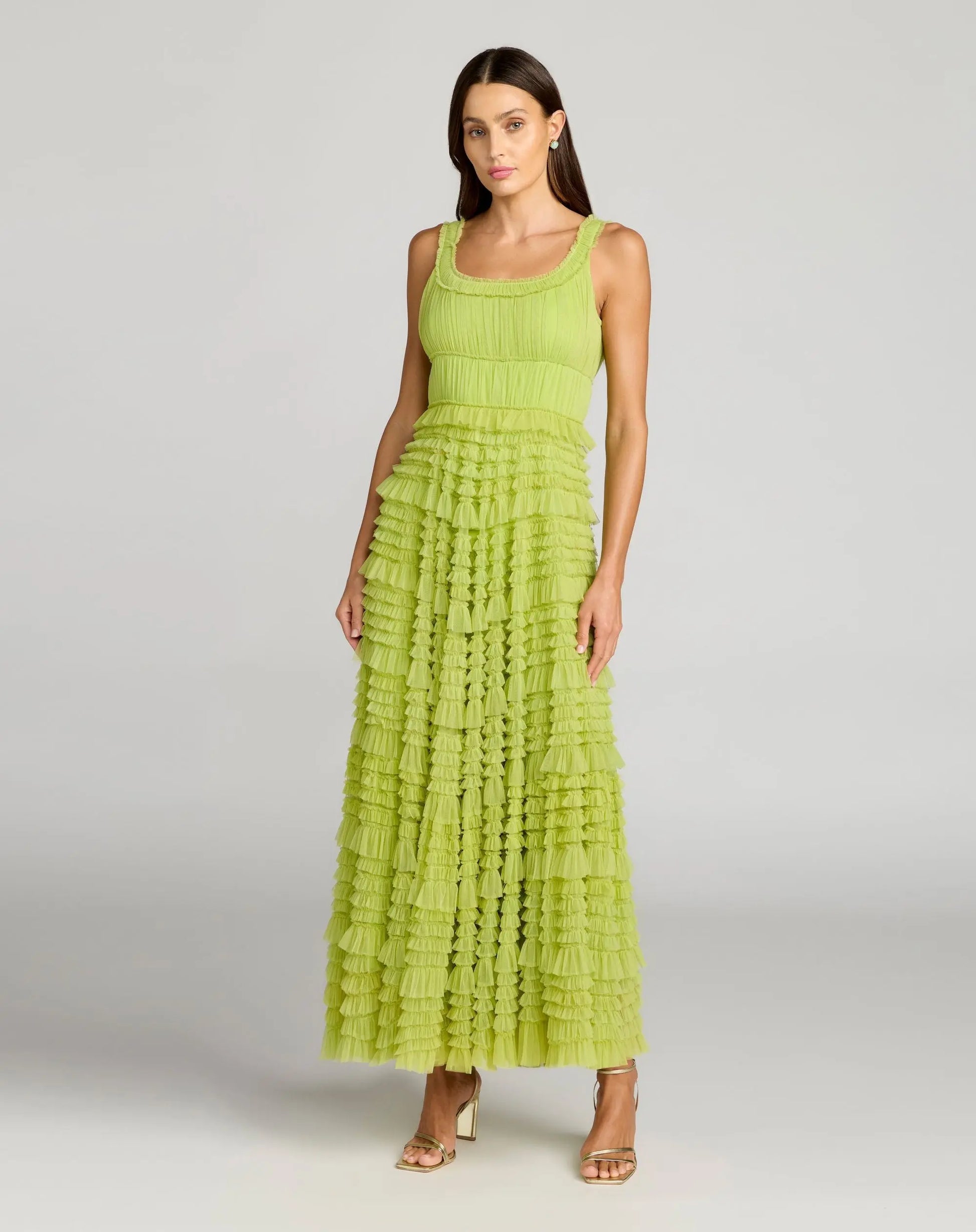 Green Micro Ruffle Sleeveless Scoop Neck Maxi Dress | Mac Duggal Green Micro Ruffle Sleeveless Scoop Neck Maxi Dress | Mac Duggal