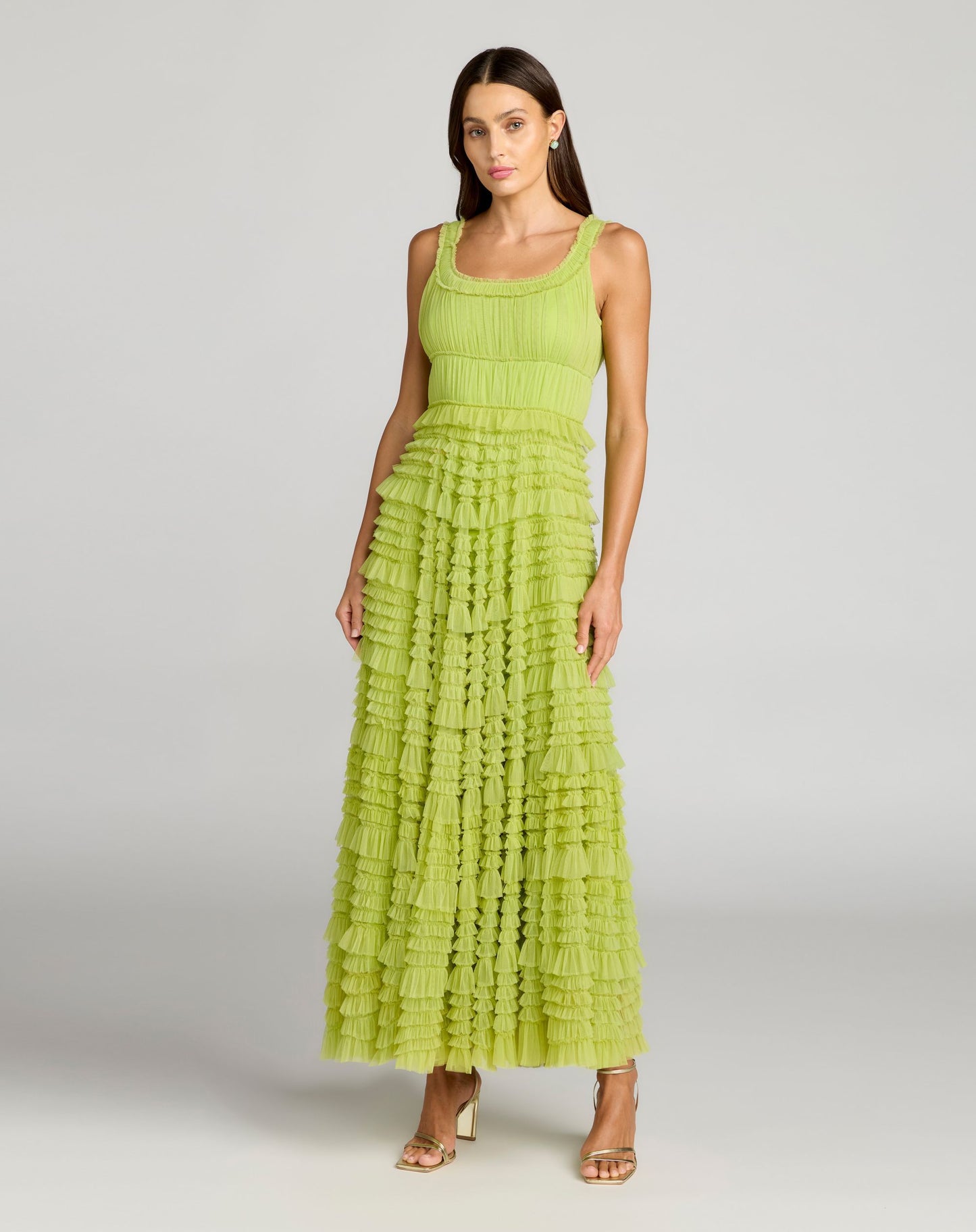 Green Micro Ruffle Sleeveless Scoop Neck Maxi Dress - Mac Duggal