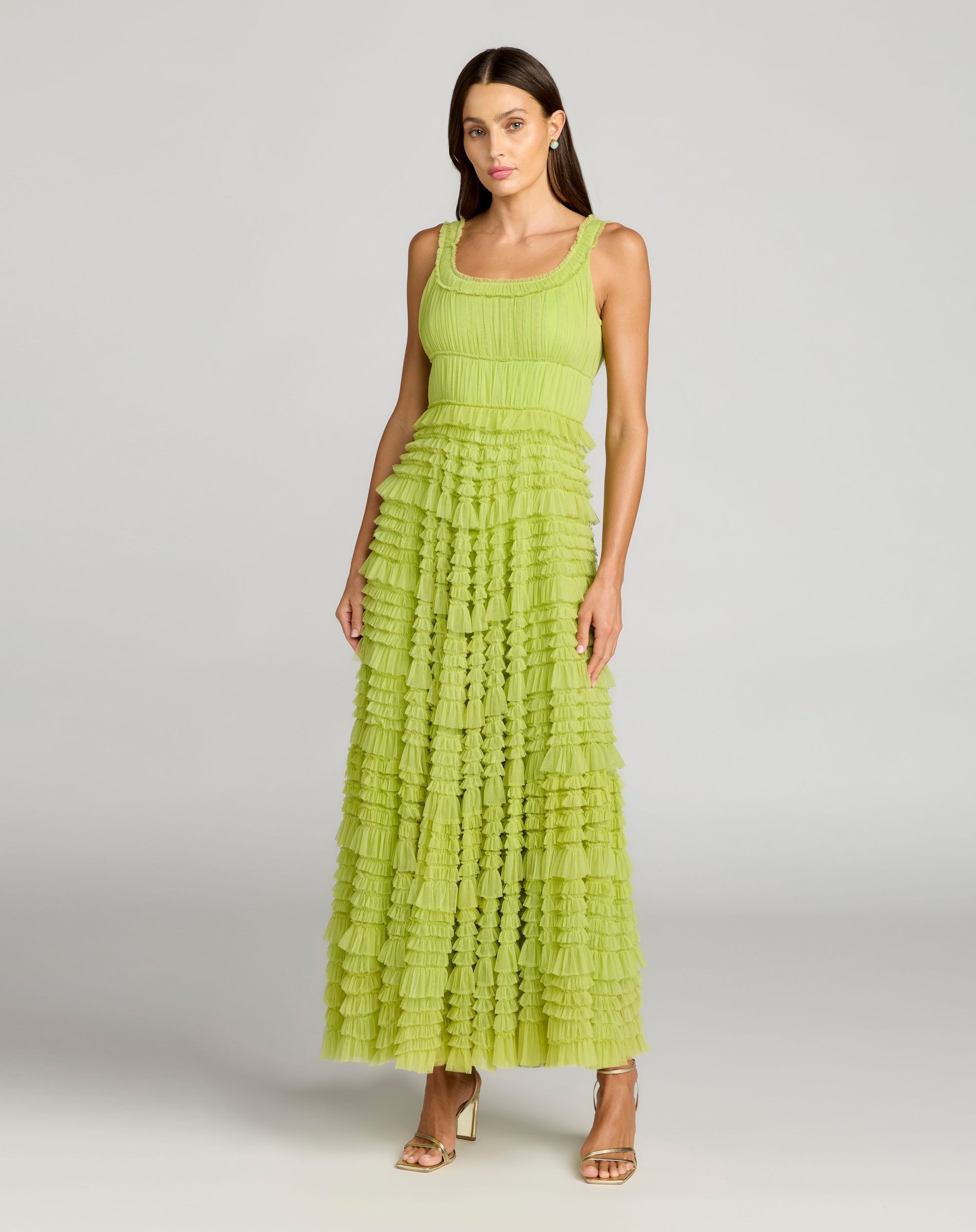 Green Micro Ruffle Sleeveless Scoop Neck Maxi Dress - Mac Duggal