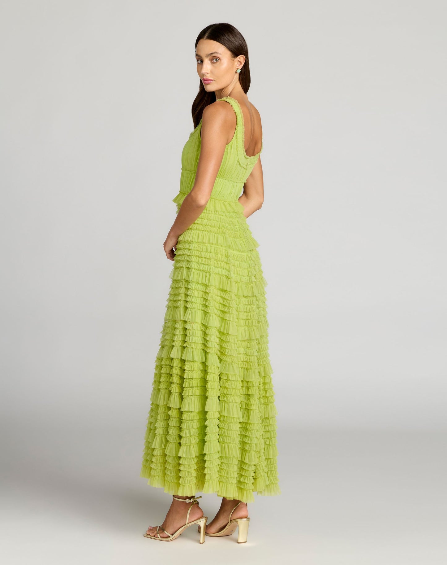Green Micro Ruffle Sleeveless Scoop Neck Maxi Dress - Mac Duggal