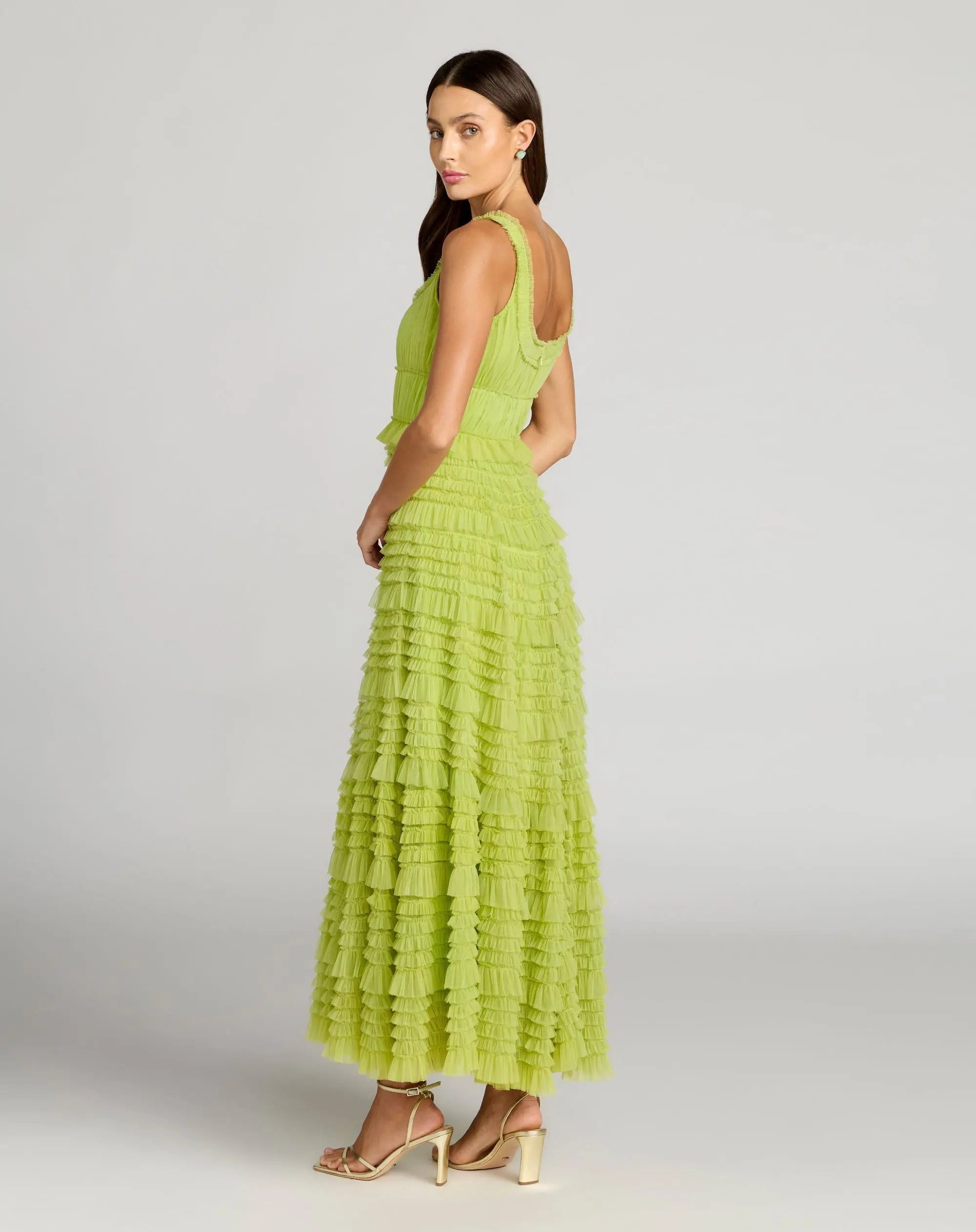 Green Micro Ruffle Sleeveless Scoop Neck Maxi Dress - Mac Duggal