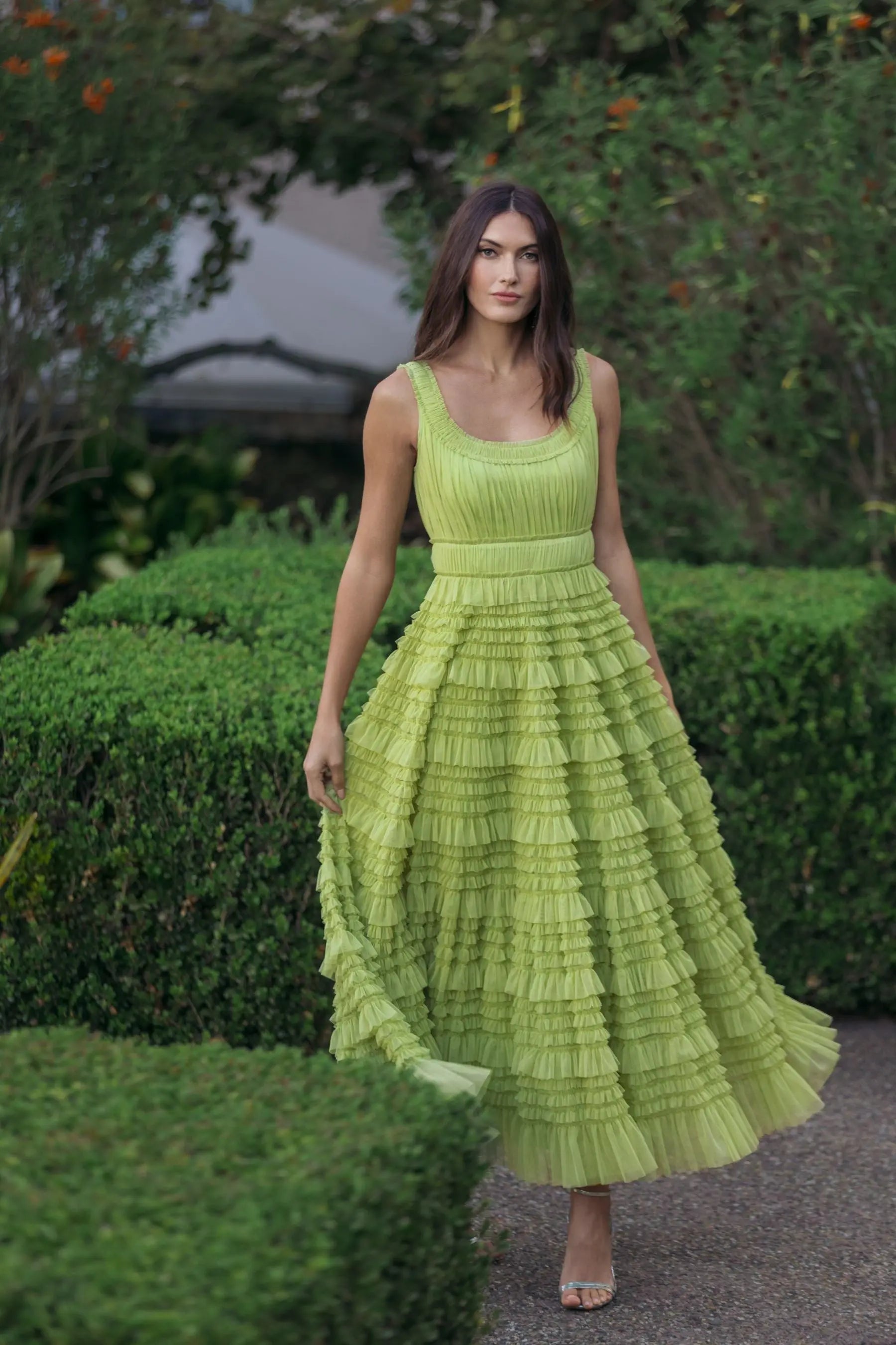 Green Micro Ruffle Sleeveless Scoop Neck Maxi Dress - Mac Duggal