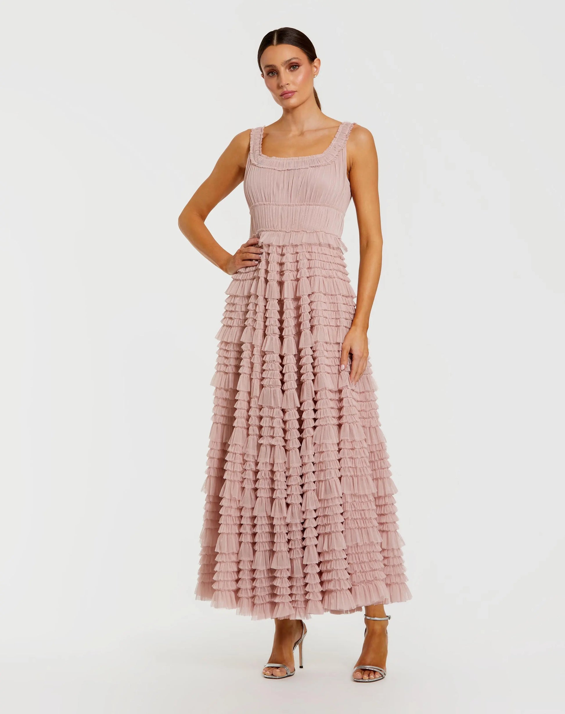 Pink Micro Ruffle Sleeveless Scoop Neck Maxi Dress Mac Duggal