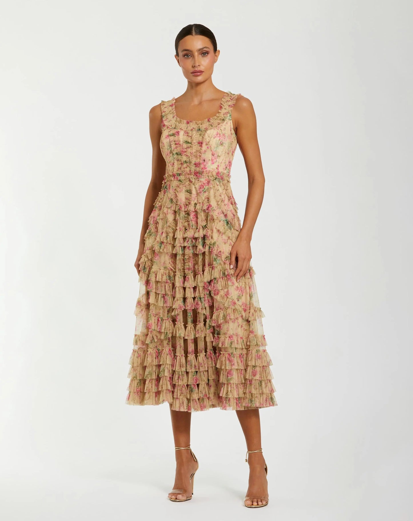 sleeveless ruffle neck midi dress in liberty chamomile floral sleeveless ruffle neck midi dress in liberty chamomile floral The Petal Tier Floral Print Smocked Midi Dress Madison + Mallory