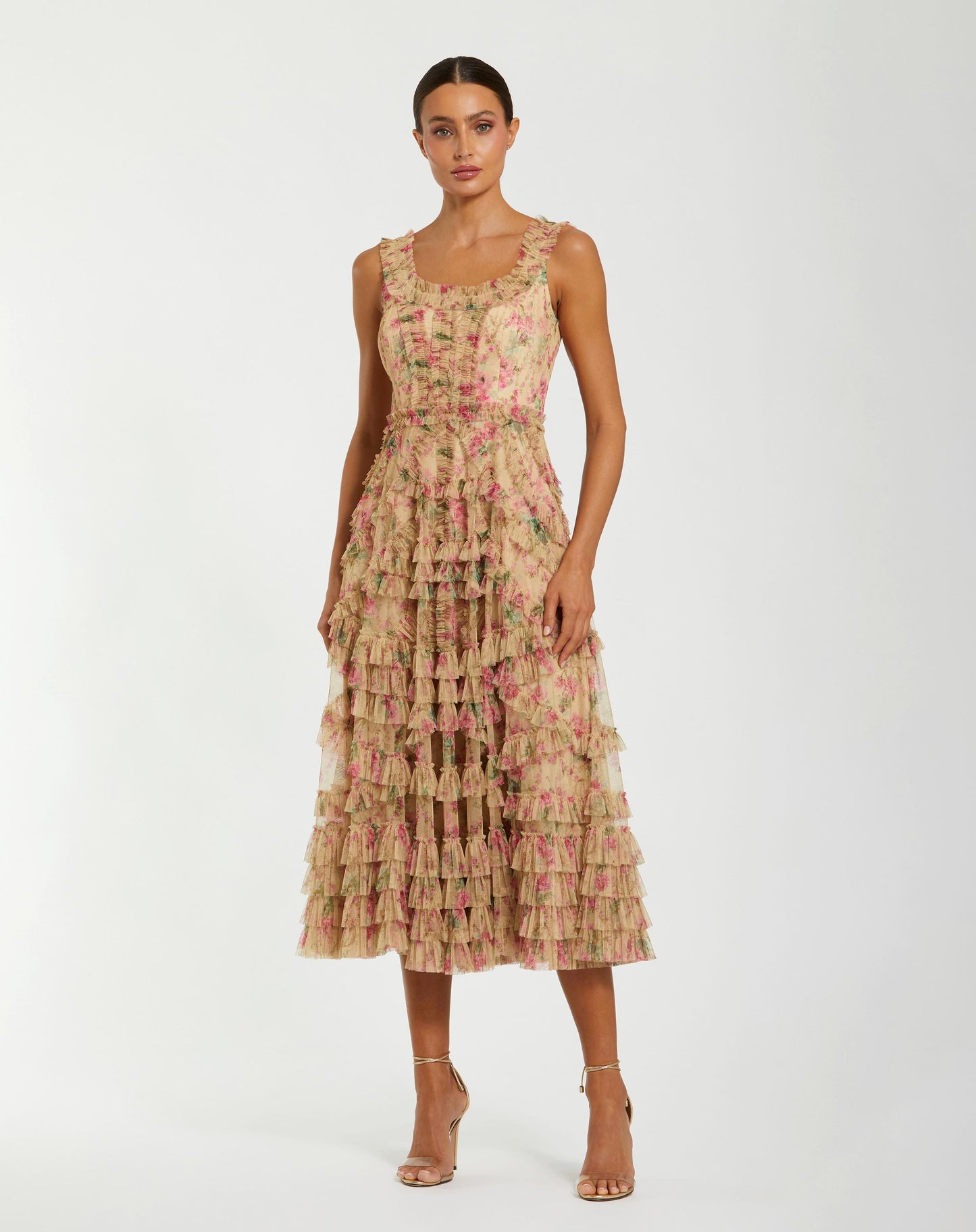 Beige Floral Printed Sleeveless Ruffled Midi Dress - Mac Duggal