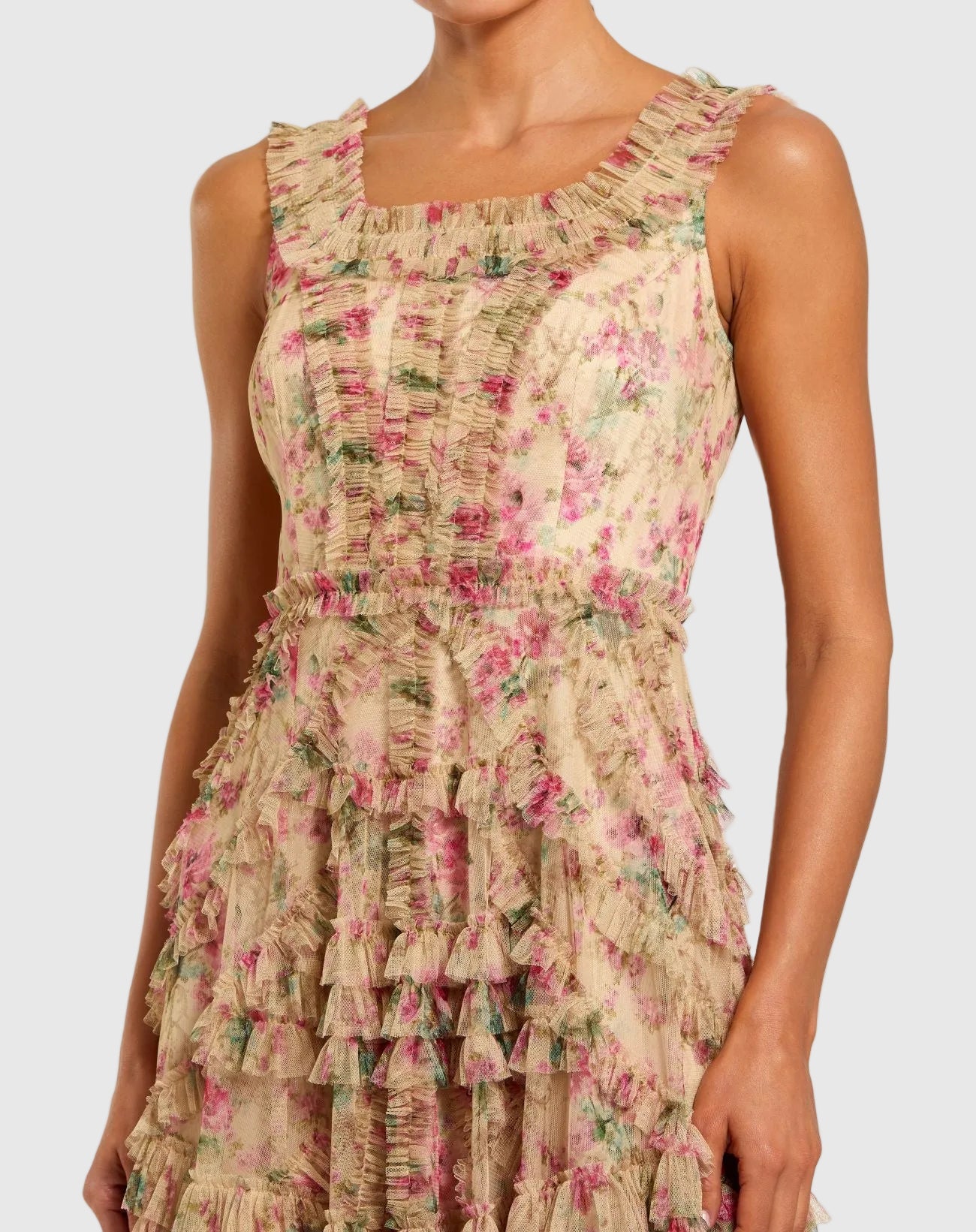 Beige Floral Printed Sleeveless Ruffled Midi Dress - Mac Duggal