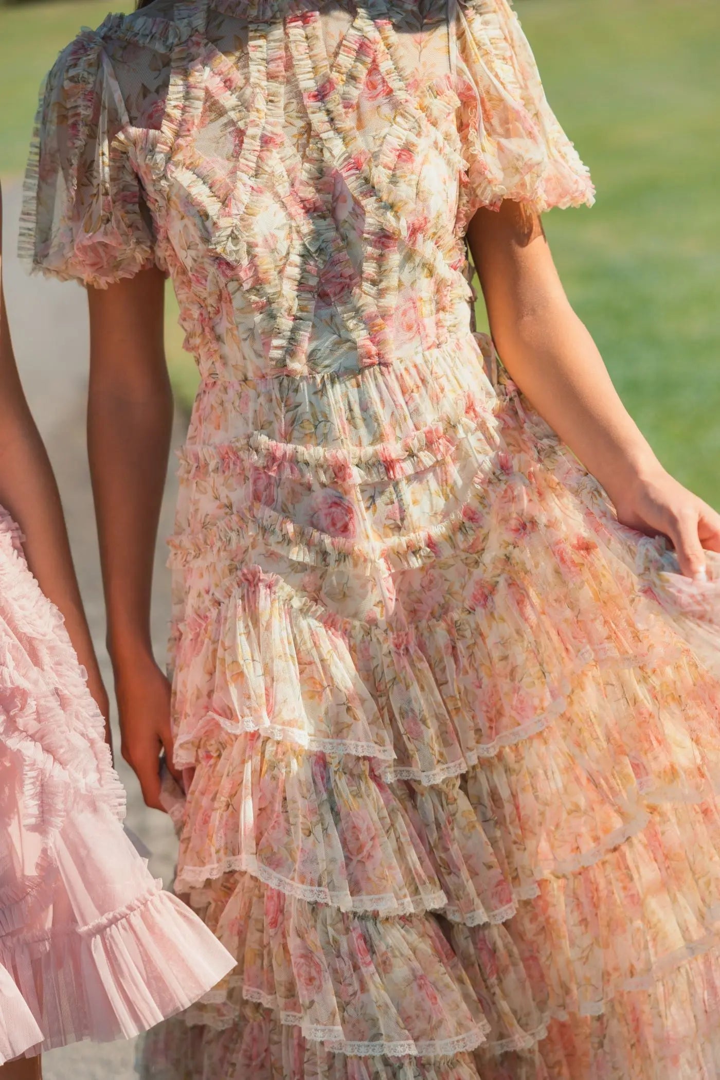 Beige Floral High Neck Midi Dress with Lace Trim - Mac Duggal