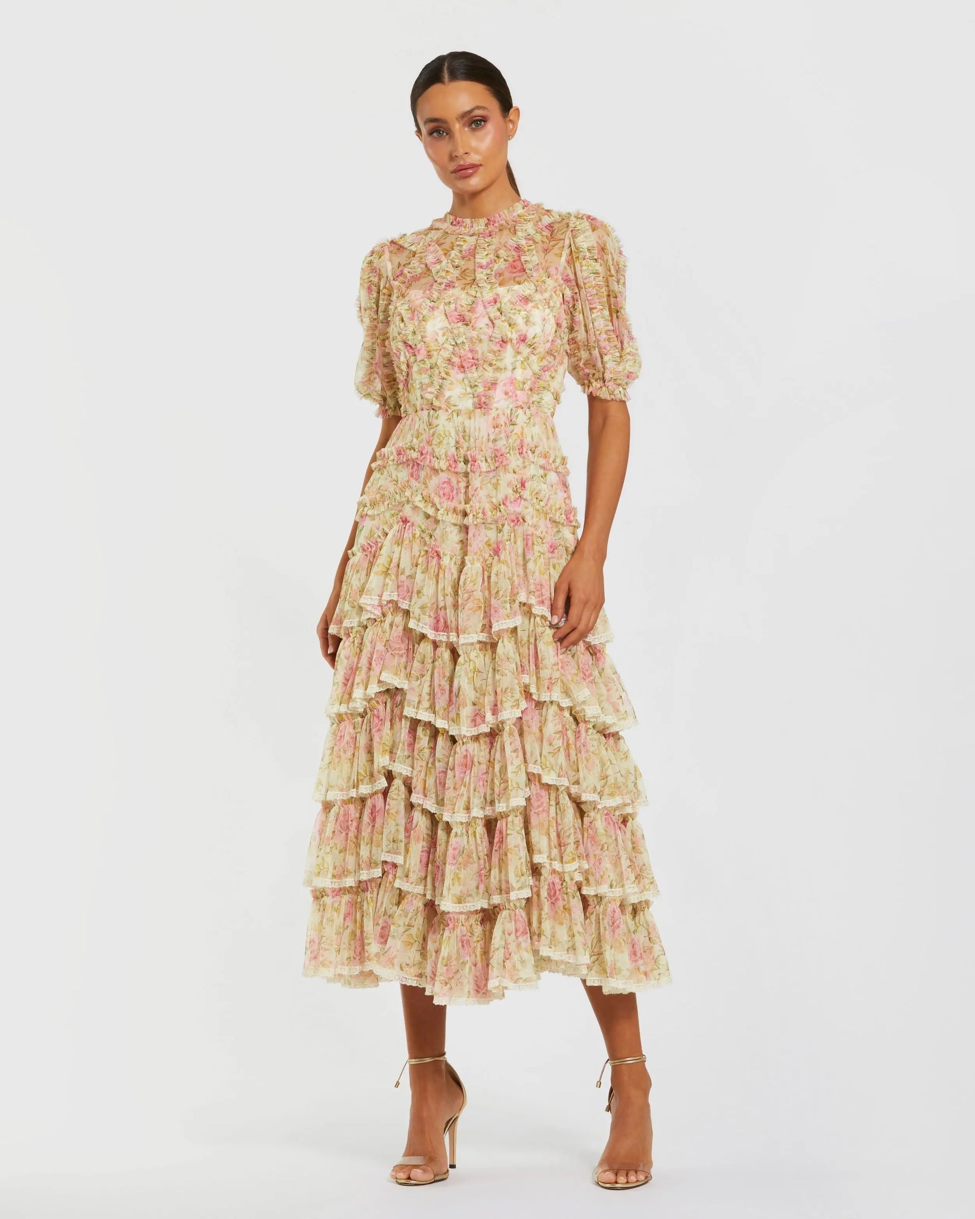 Mac Duggal Women's Lace Trim Printed Mesh High Neck Midi Dress - Ivory Multi Mac Duggal Women's Lace Trim Printed Mesh High Neck Midi Dress - Ivory Multi