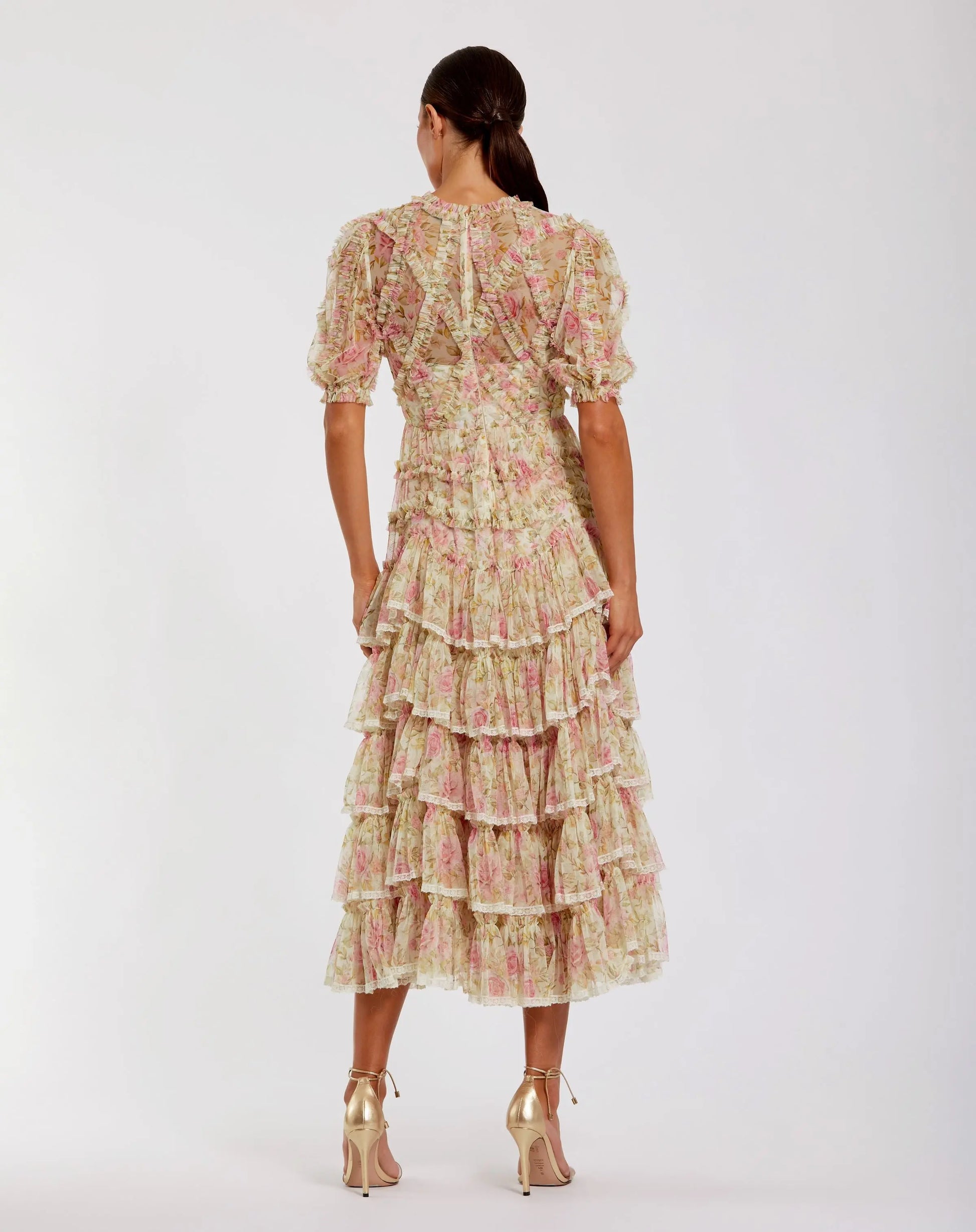 Beige Lace Trim Printed Mesh High Neck Midi Dress | Mac Duggal Beige Lace Trim Printed Mesh High Neck Midi Dress | Mac Duggal