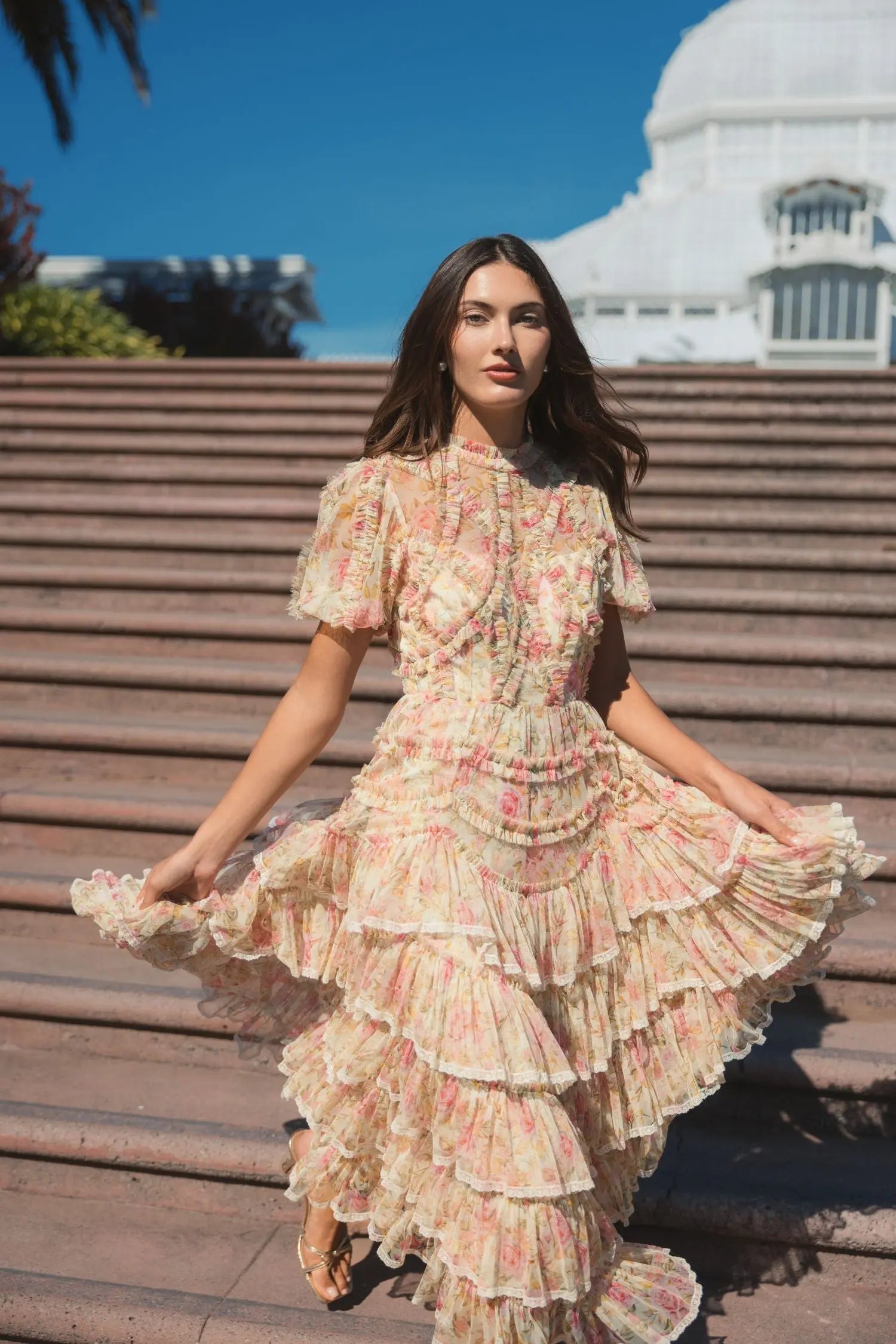Beige Floral High Neck Midi Dress with Lace Trim - Mac Duggal
