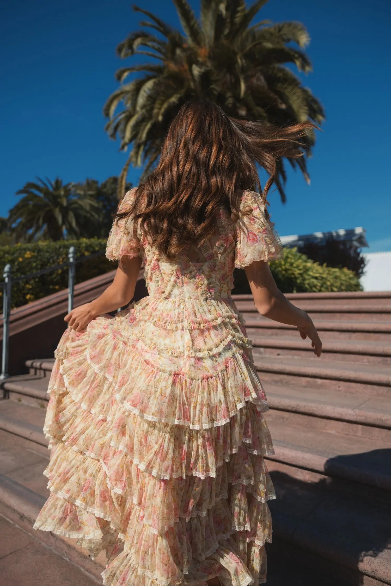 Beige Floral High Neck Midi Dress with Lace Trim - Mac Duggal
