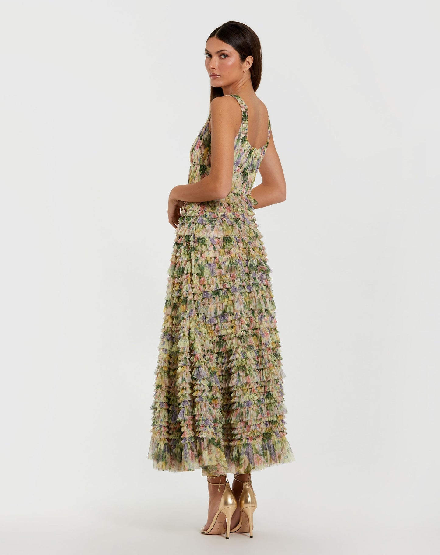 Yellow Multicolor Floral Printed Ruffle Midi Dress - Mac Duggal