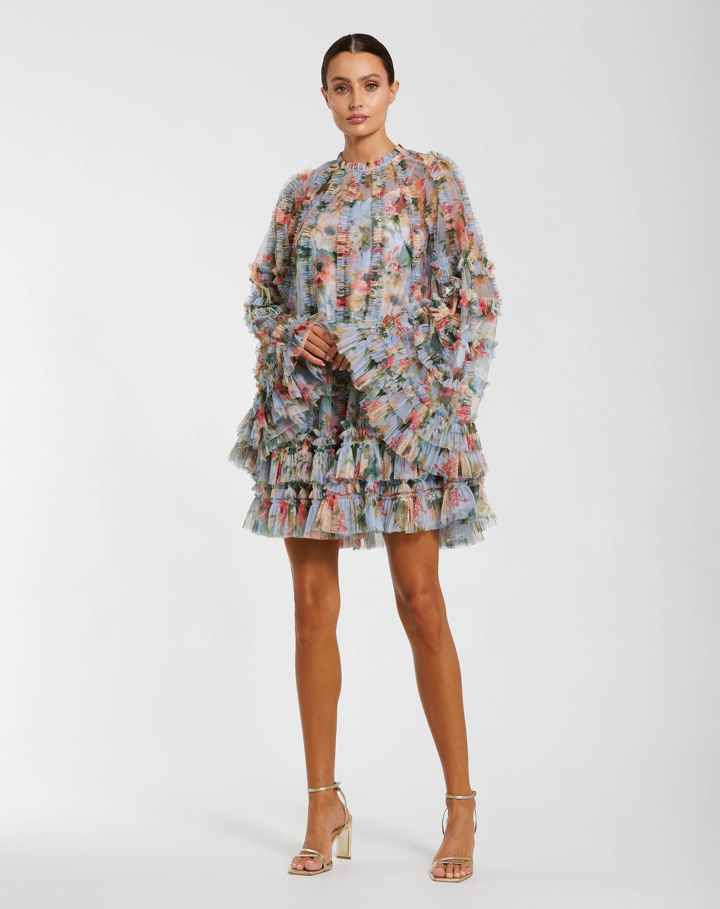 Blue Printed Mesh Ruffle High Neck Mini Dress Mac Duggal