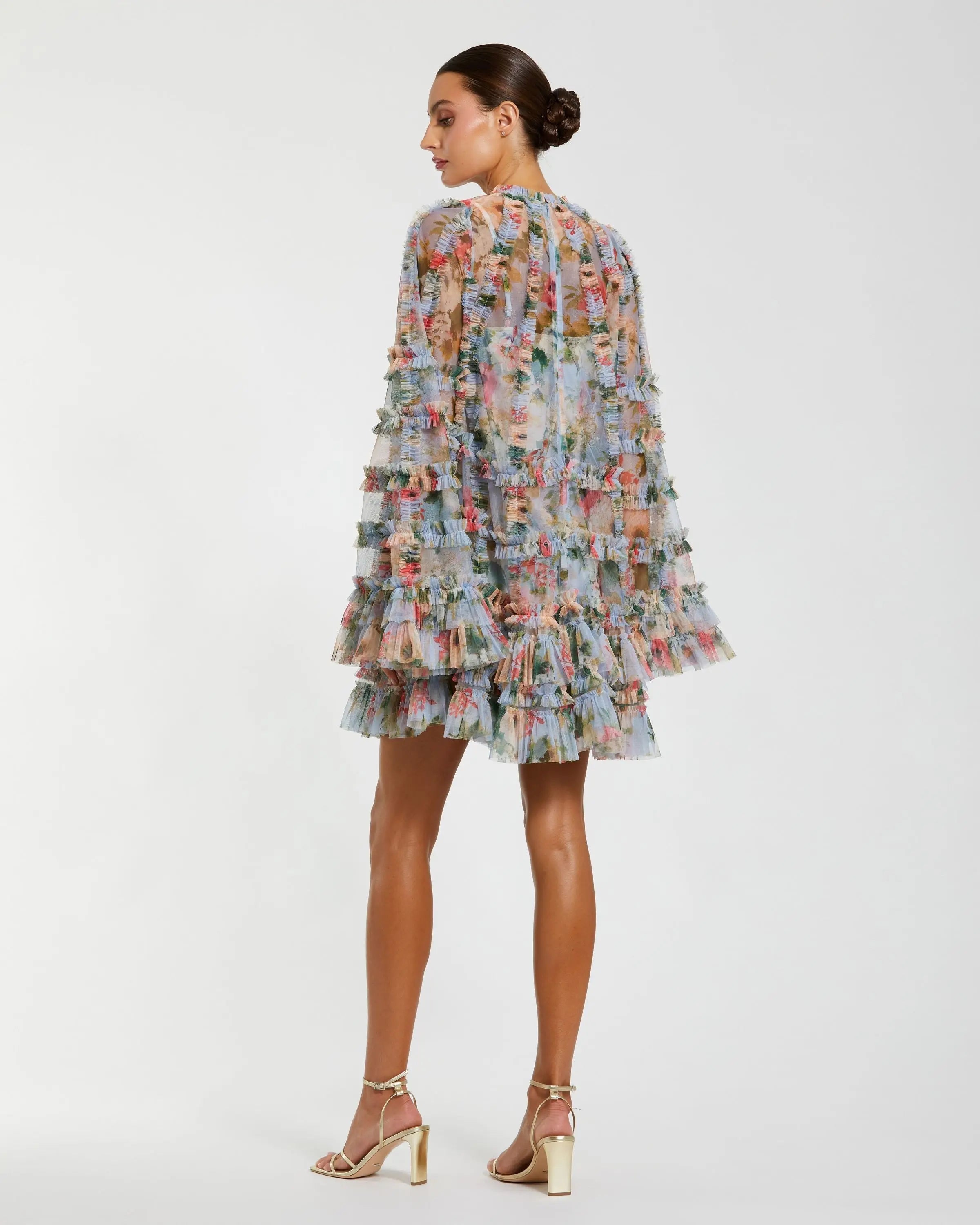 Blue Printed Mesh Ruffle High Neck Mini Dress Mac Duggal