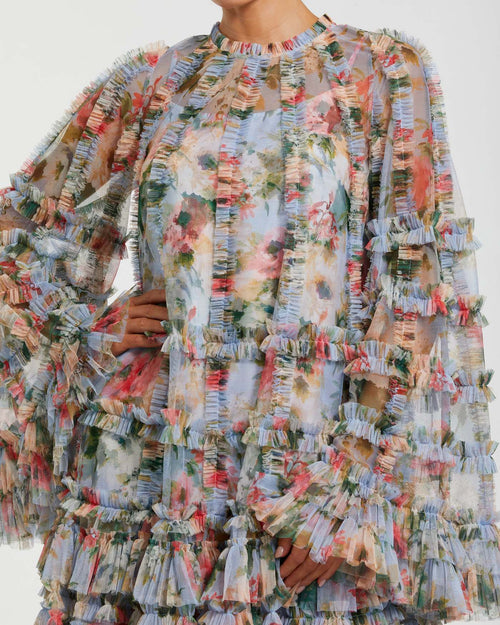 Blue Printed Mesh Ruffle High Neck Mini Dress