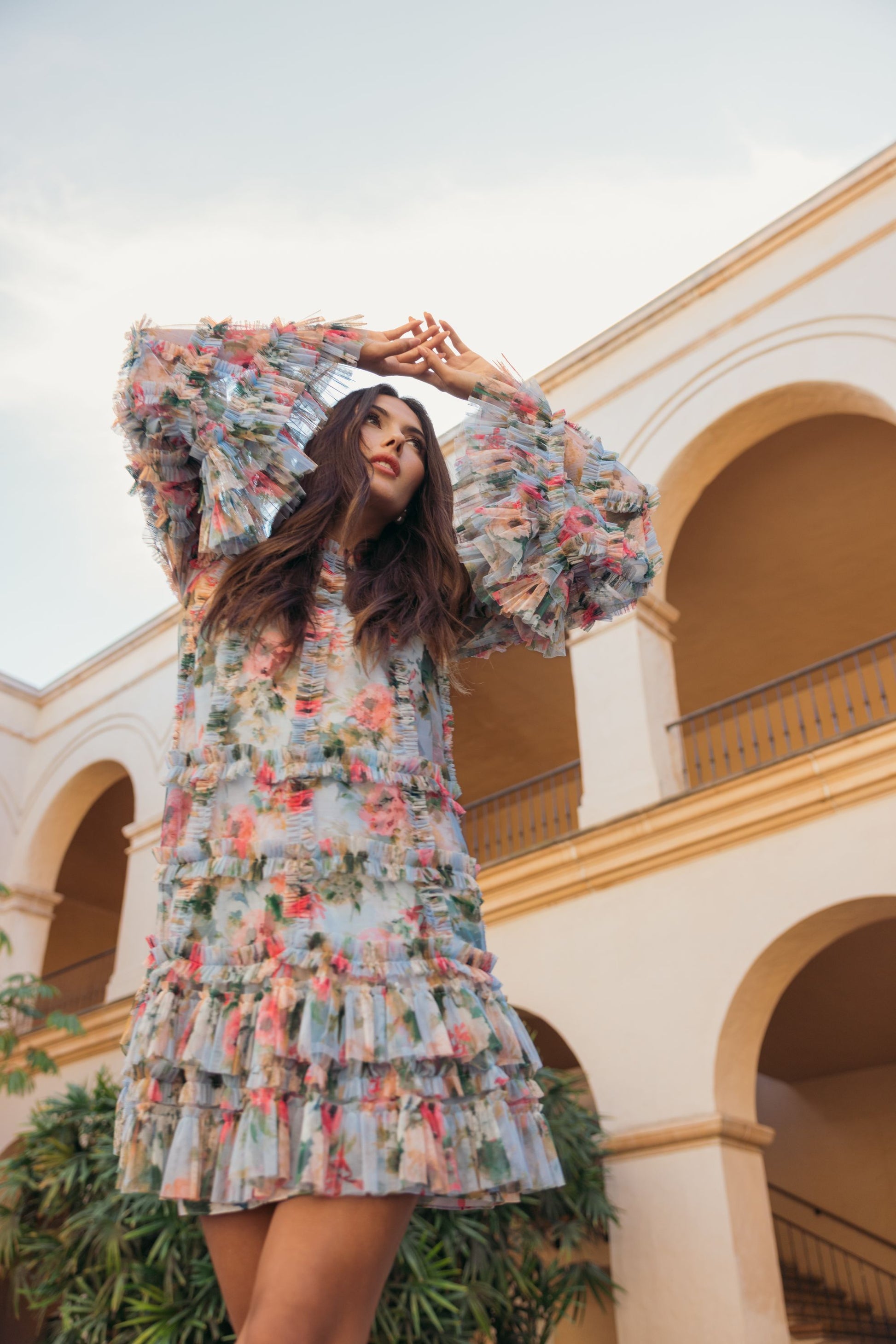 Blue Printed Mesh Ruffle High Neck Mini Dress Mac Duggal