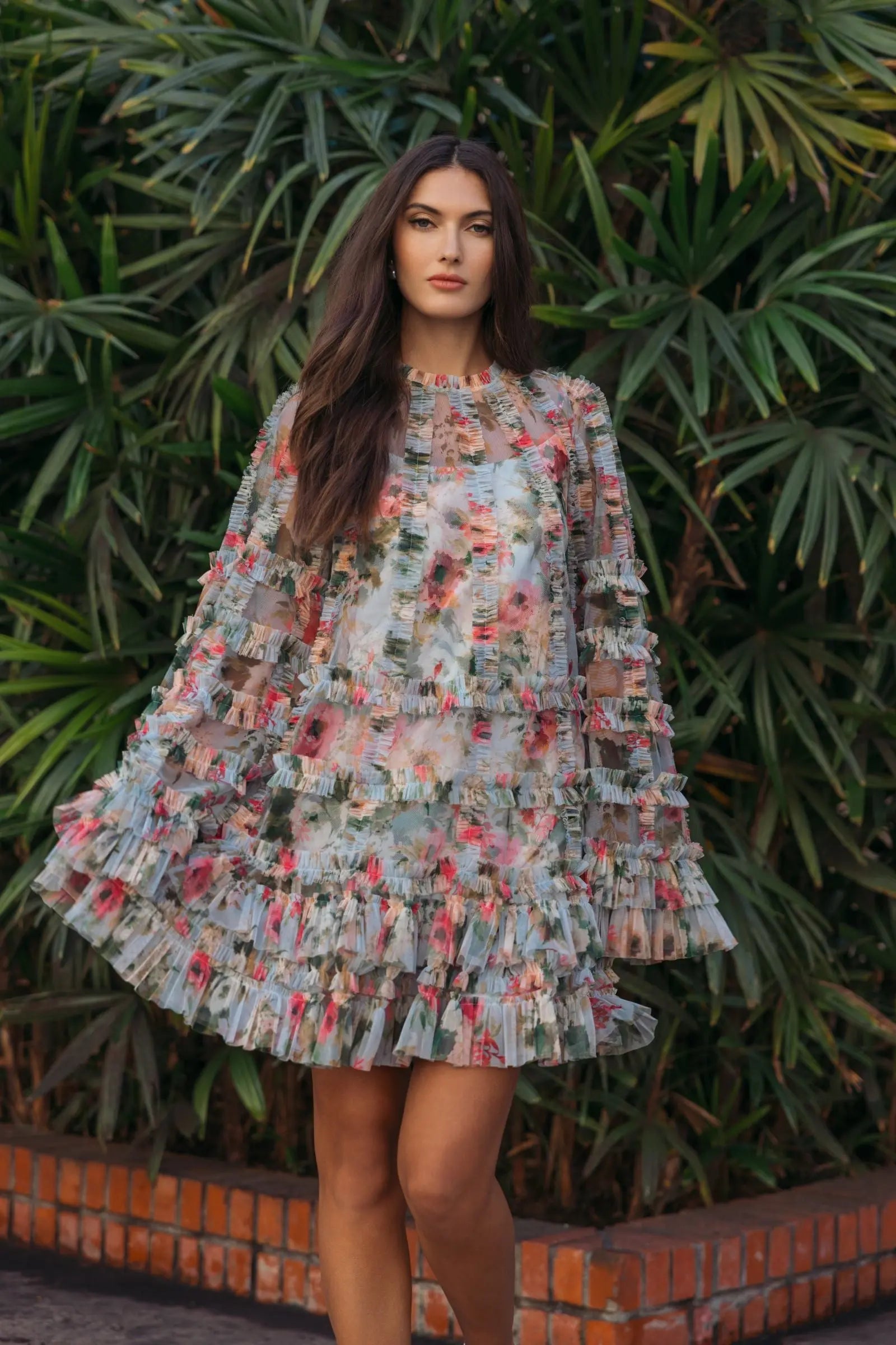 Blue Printed Mesh Ruffle High Neck Mini Dress