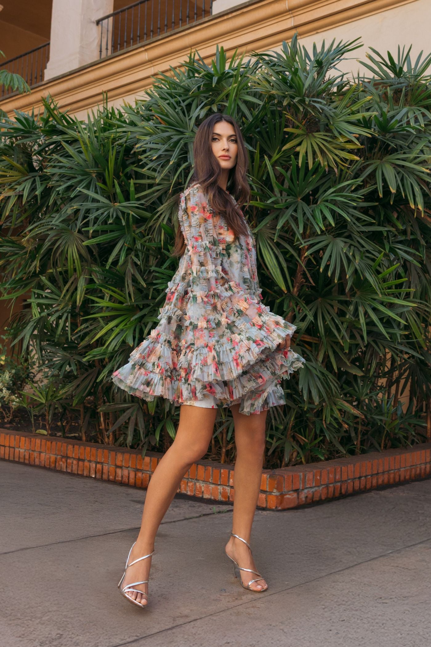 Blue Printed Mesh Ruffle High Neck Mini Dress Mac Duggal