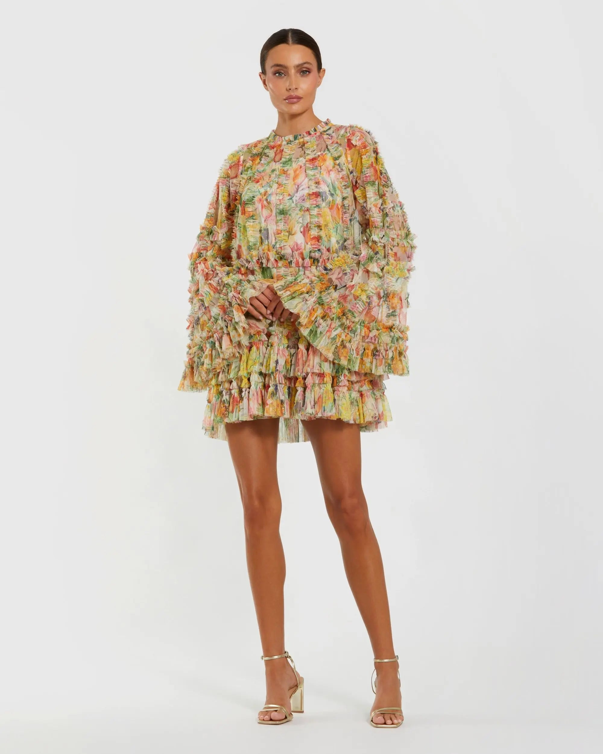 Beige High Neck Long Sleeve Sequin A Line Mini Dress - Mac Duggal Beige High Neck Long Sleeve Sequin A Line Mini Dress - Mac Duggal