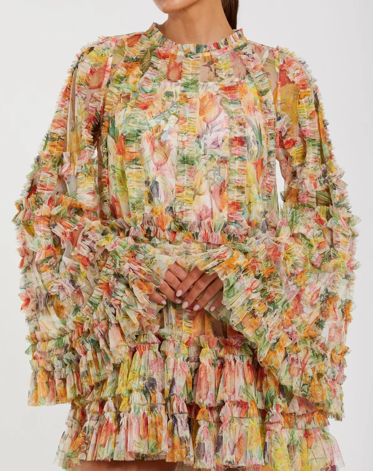 Multicolor Printed Mesh Ruffle High Neck Mini Dress Mac Duggal