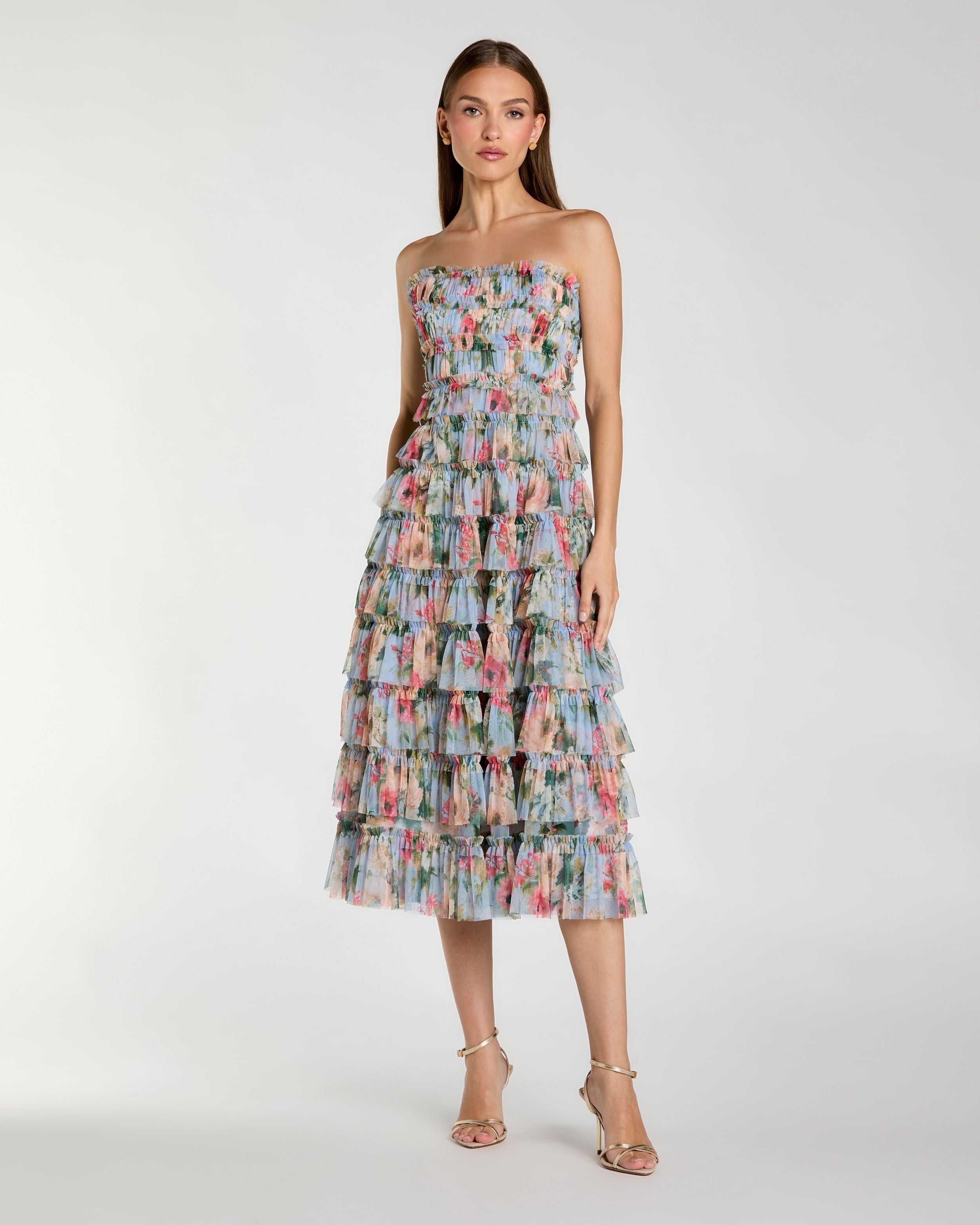 Blue Floral Strapless Ruffle Maxi Dress