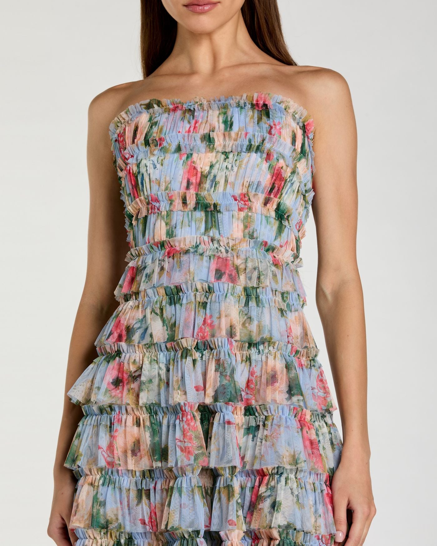 Blue Floral Strapless Ruffle Maxi Dress