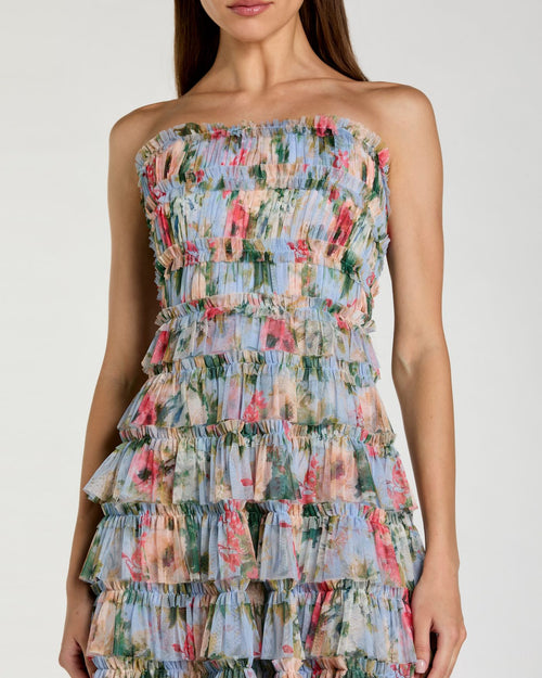 Blue Floral Strapless Ruffle Maxi Dress