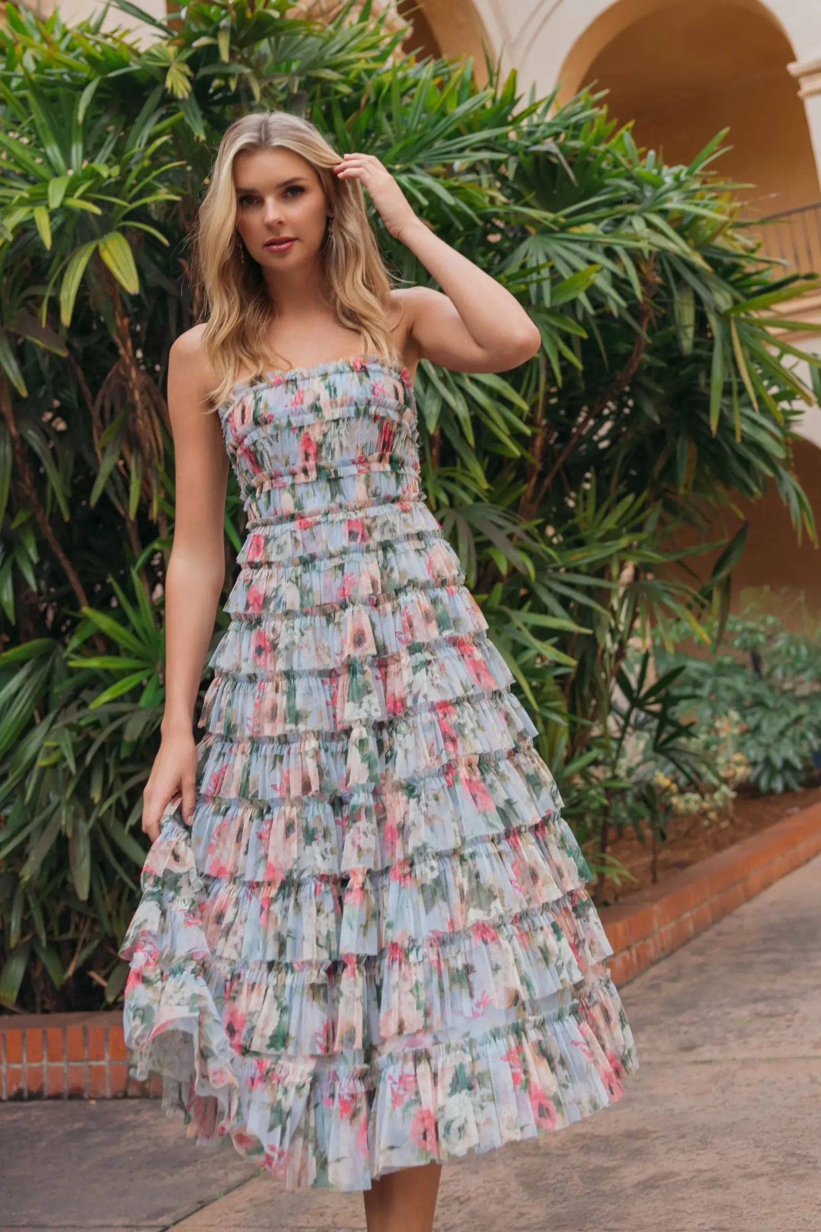 Blue Floral Strapless Ruffle Midi Dress