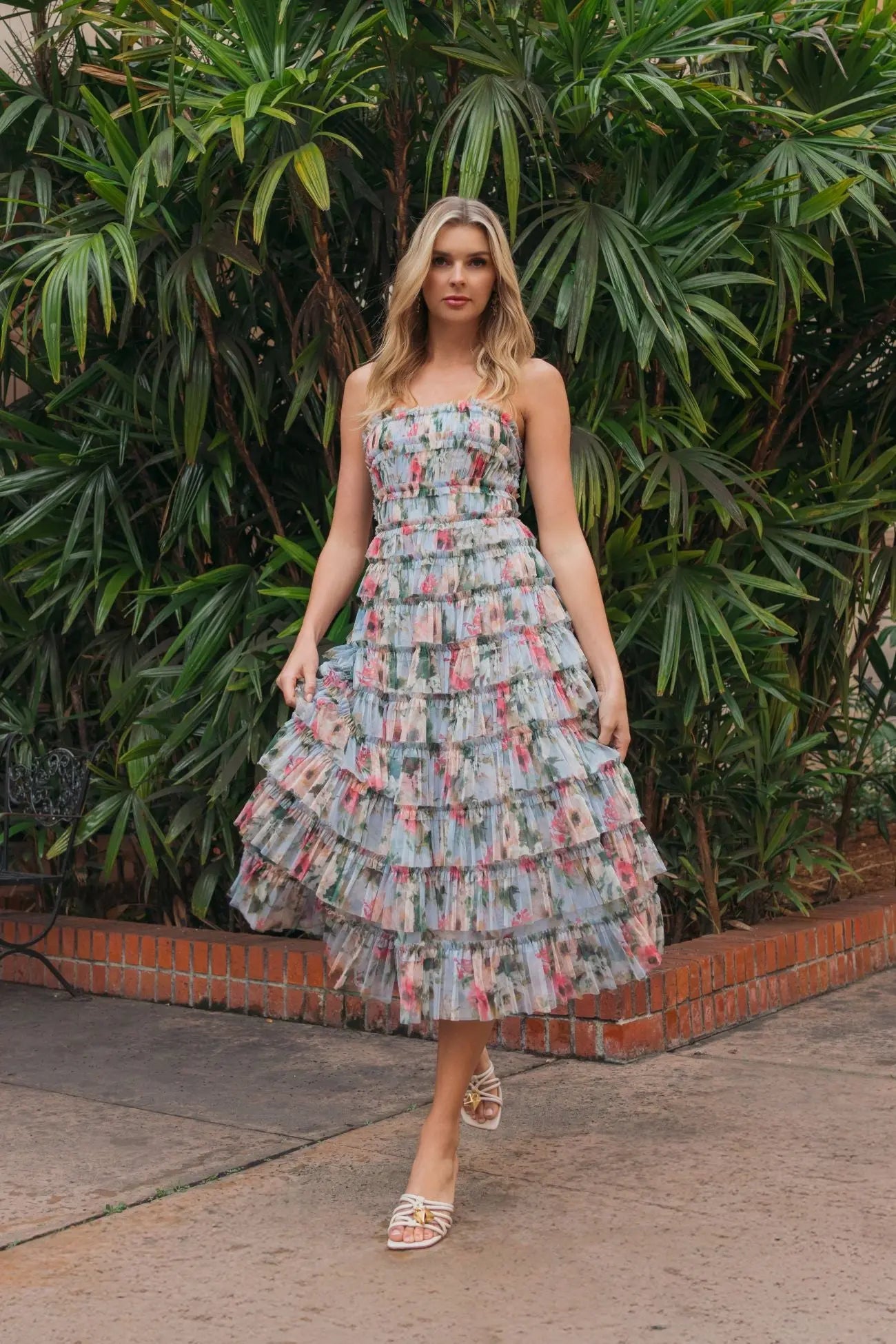 Blue Floral Strapless Ruffle Maxi Dress
