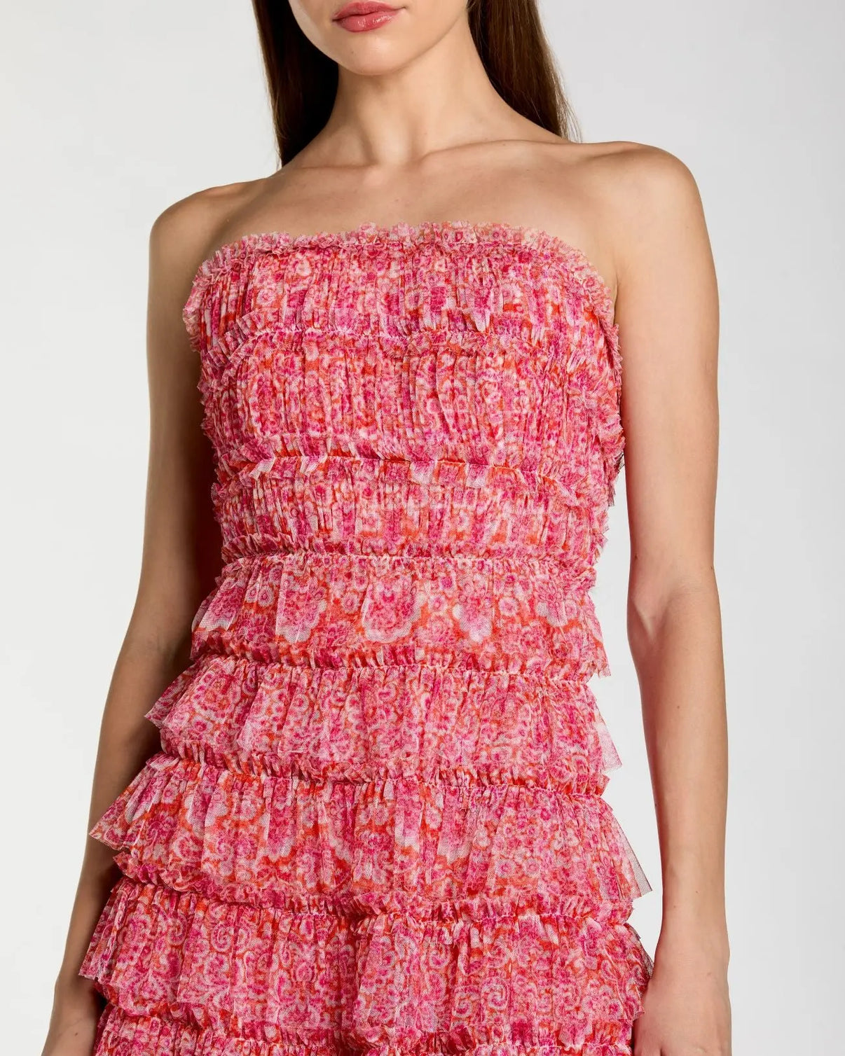 Pink Floral Strapless Ruffle Maxi Dress