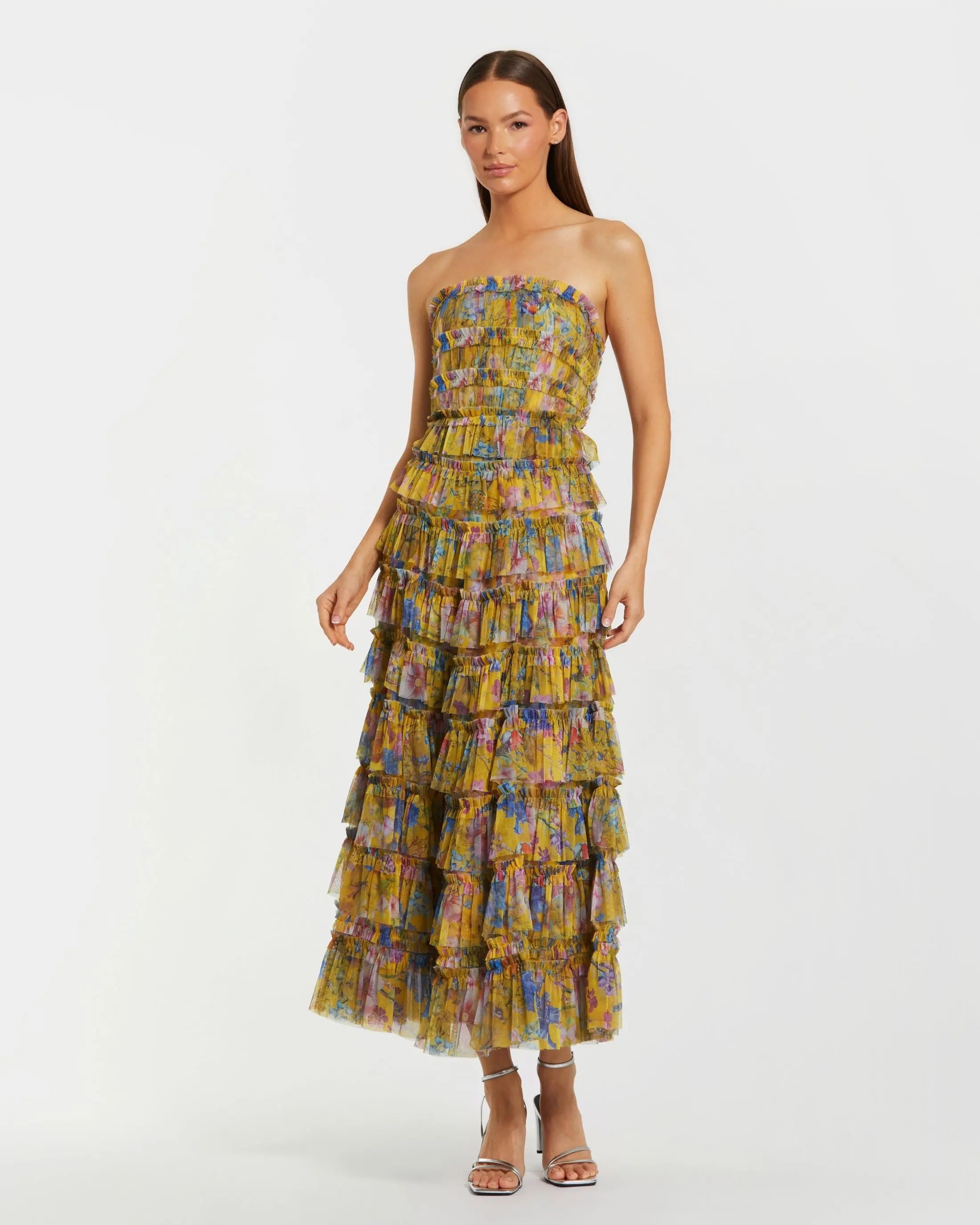 Yellow Floral Strapless Ruffle Maxi Dress - Mac Duggal