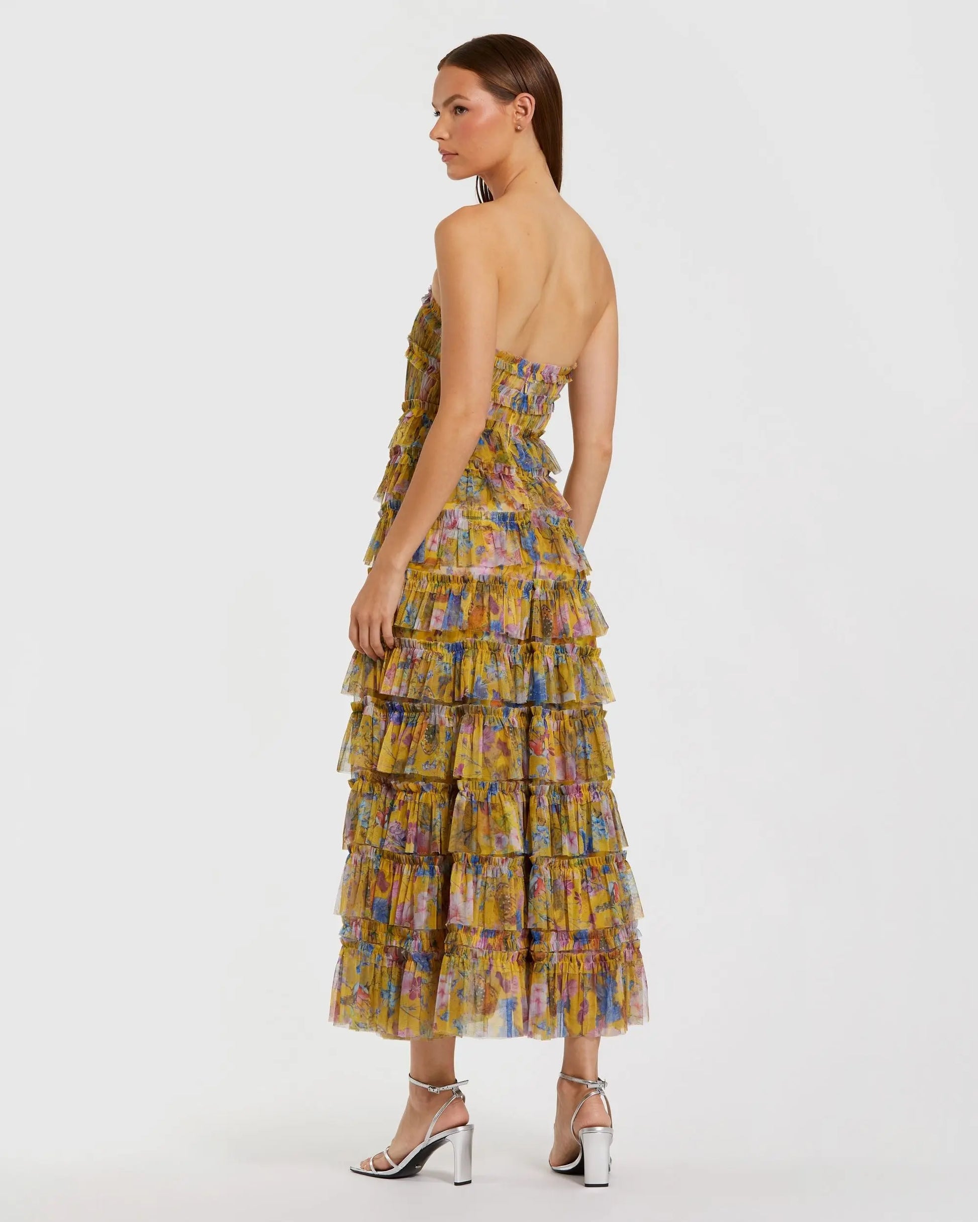 Yellow Floral Strapless Ruffle Maxi Dress | Mac Duggal Yellow Floral Strapless Ruffle Maxi Dress | Mac Duggal