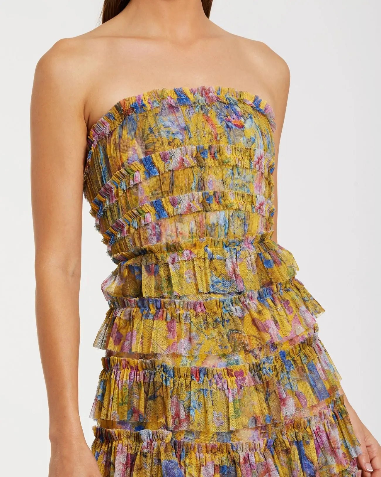 Mac Duggal - Yellow Floral Strapless Ruffle Midi Dress - US 10