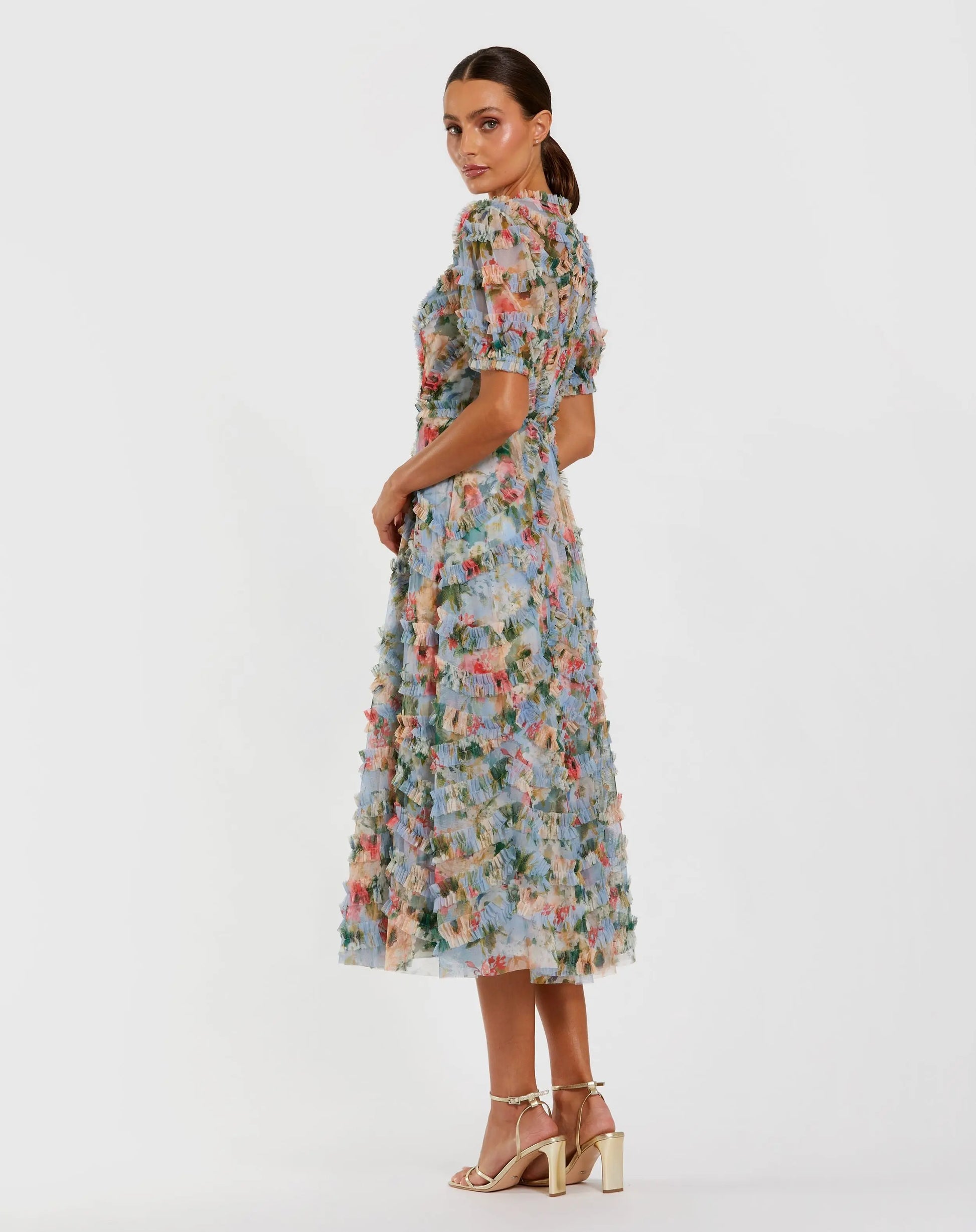 Blue Floral Mesh Ruffle High Neck Midi Dress | Mac Duggal Blue Floral Mesh Ruffle High Neck Midi Dress | Mac Duggal
