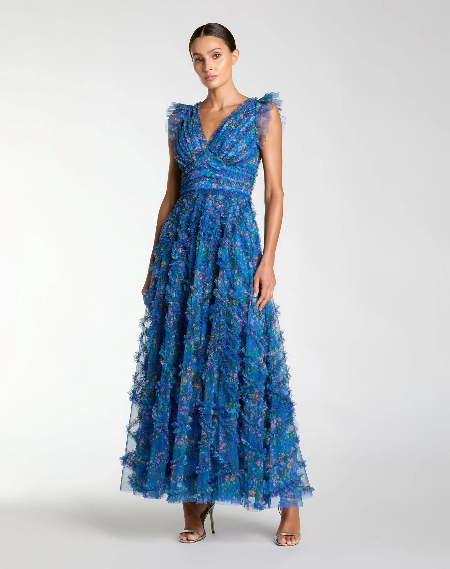 Blue Floral V-Neck Ruffle Maxi Dress - Mac Duggal