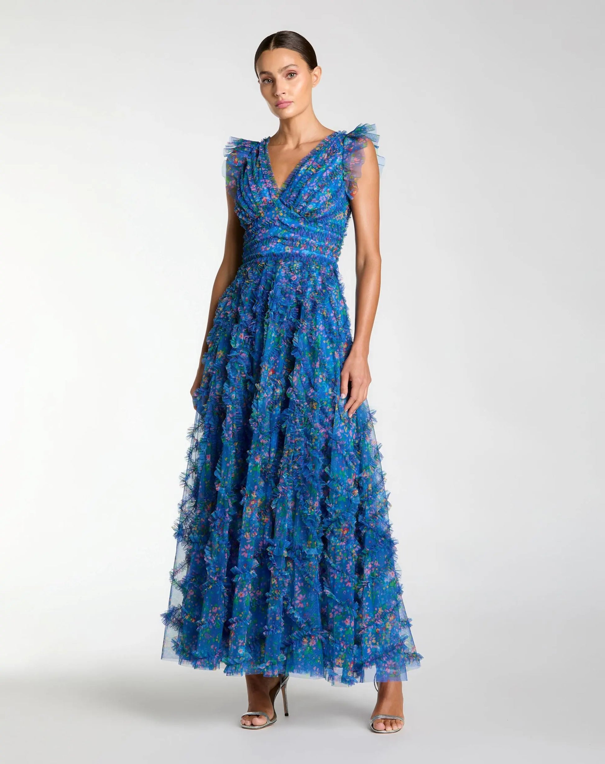 Blue Floral V-Neck Ruffle Maxi Dress - Mac Duggal