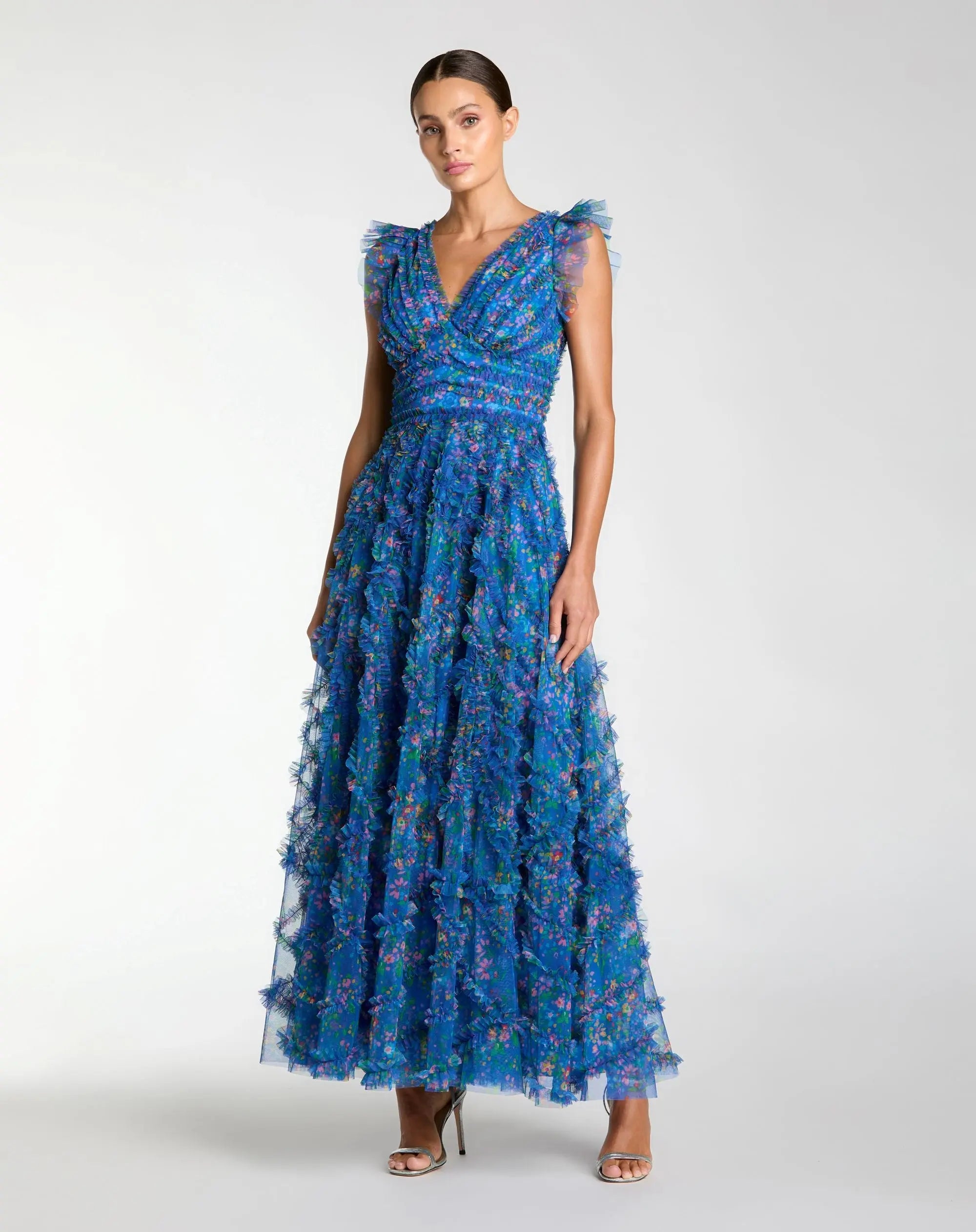 Blue Floral V-Neck Ruffle Maxi Dress - Mac Duggal