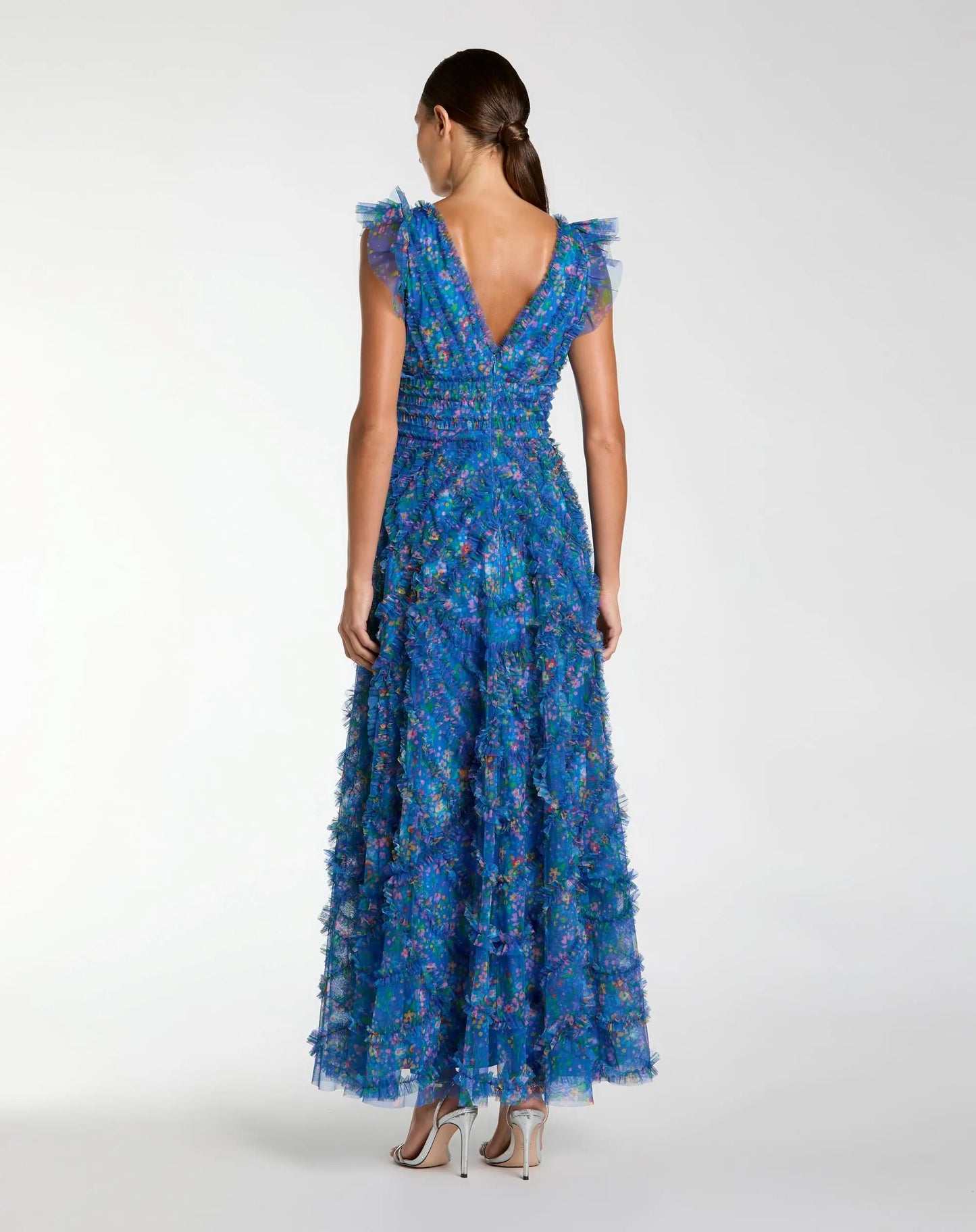 Blue Floral V-Neck Ruffle Maxi Dress - Mac Duggal