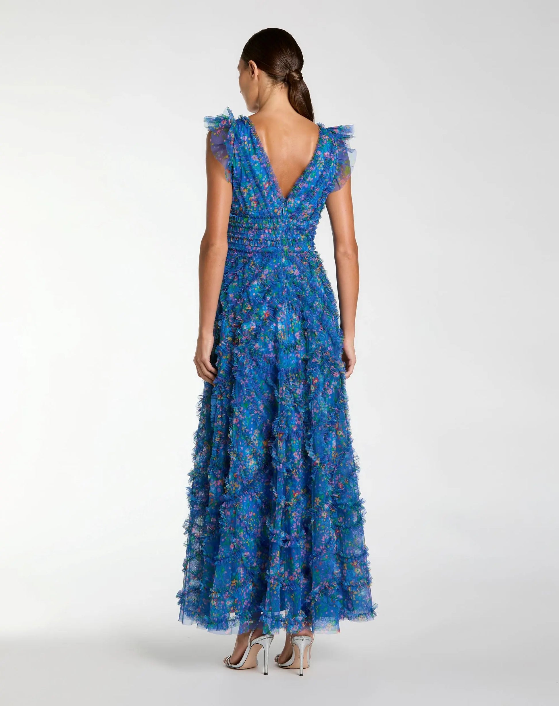 Blue Floral V-Neck Ruffle Maxi Dress - Mac Duggal