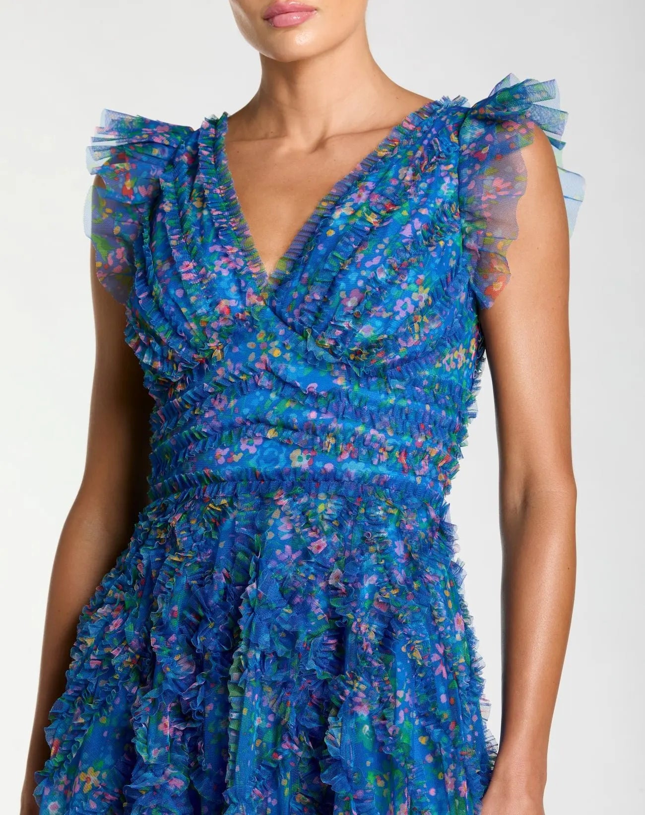 Blue Floral V-Neck Ruffle Maxi Dress - Mac Duggal