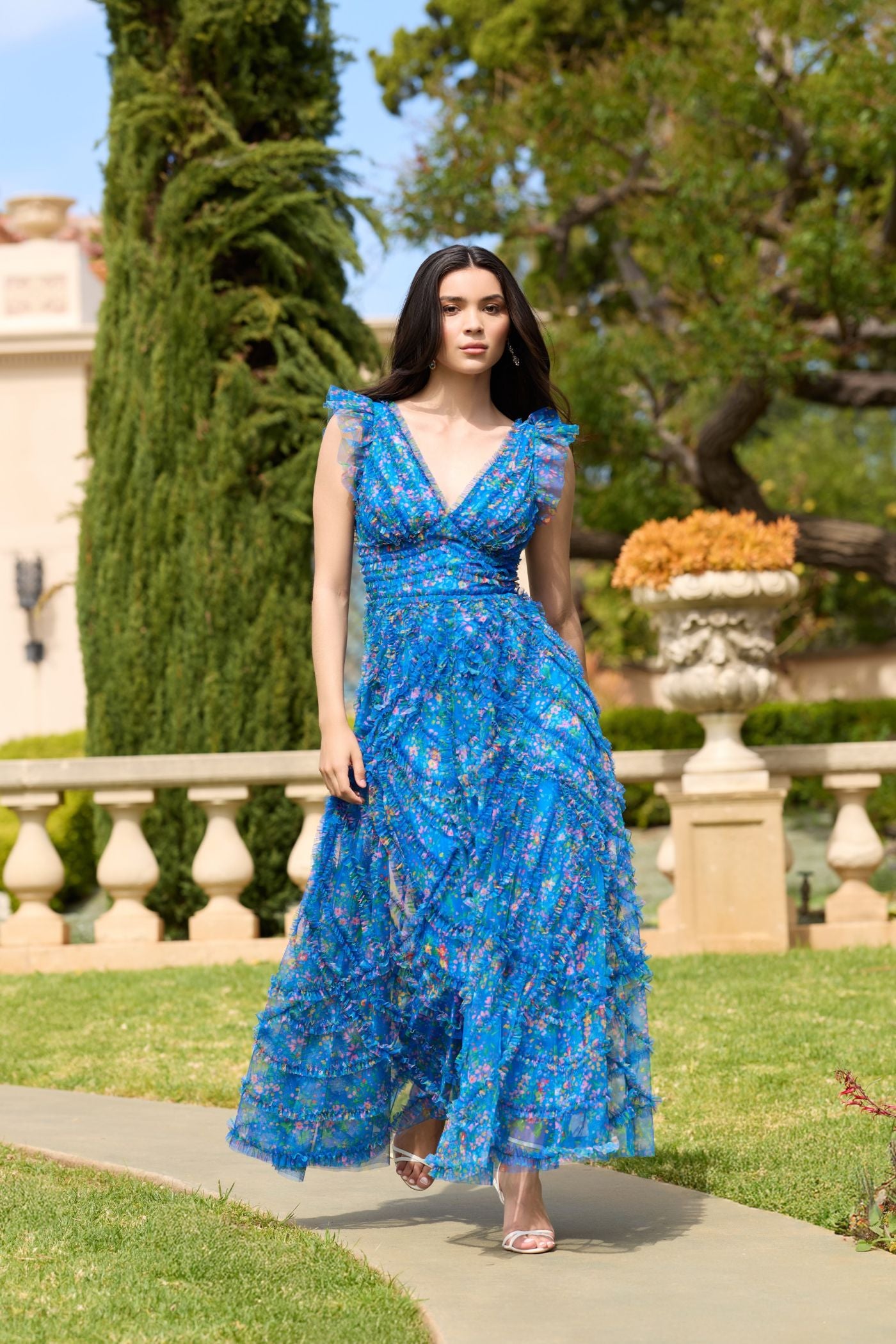 Blue Floral V-Neck Ruffle Maxi Dress - Mac Duggal