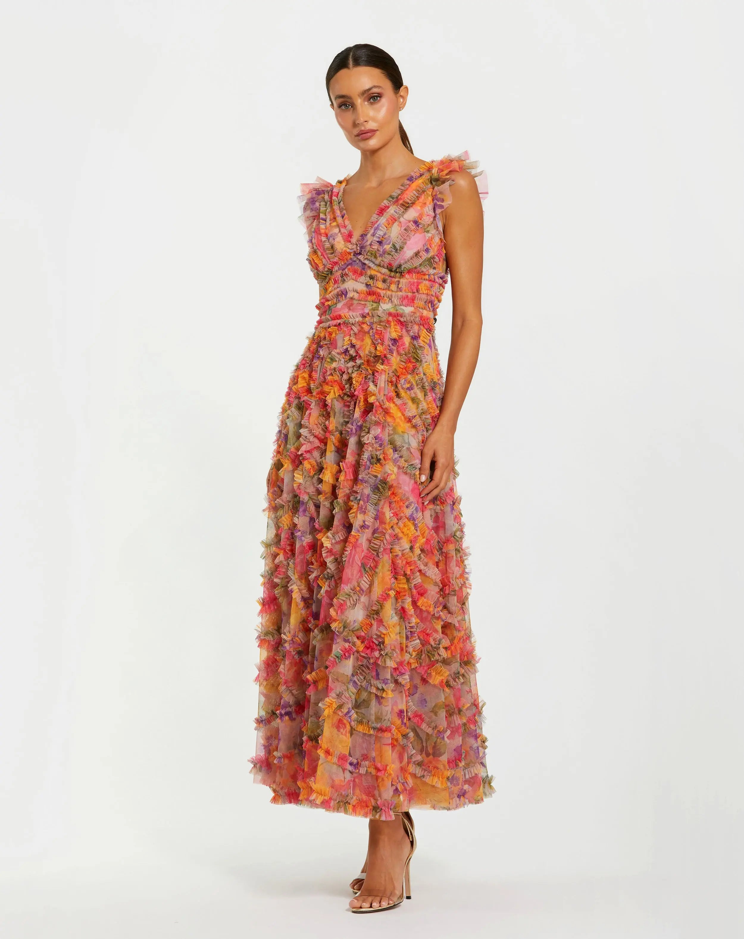 Multicolor Floral V-neck Ruffle Maxi Dress - Mac Duggal