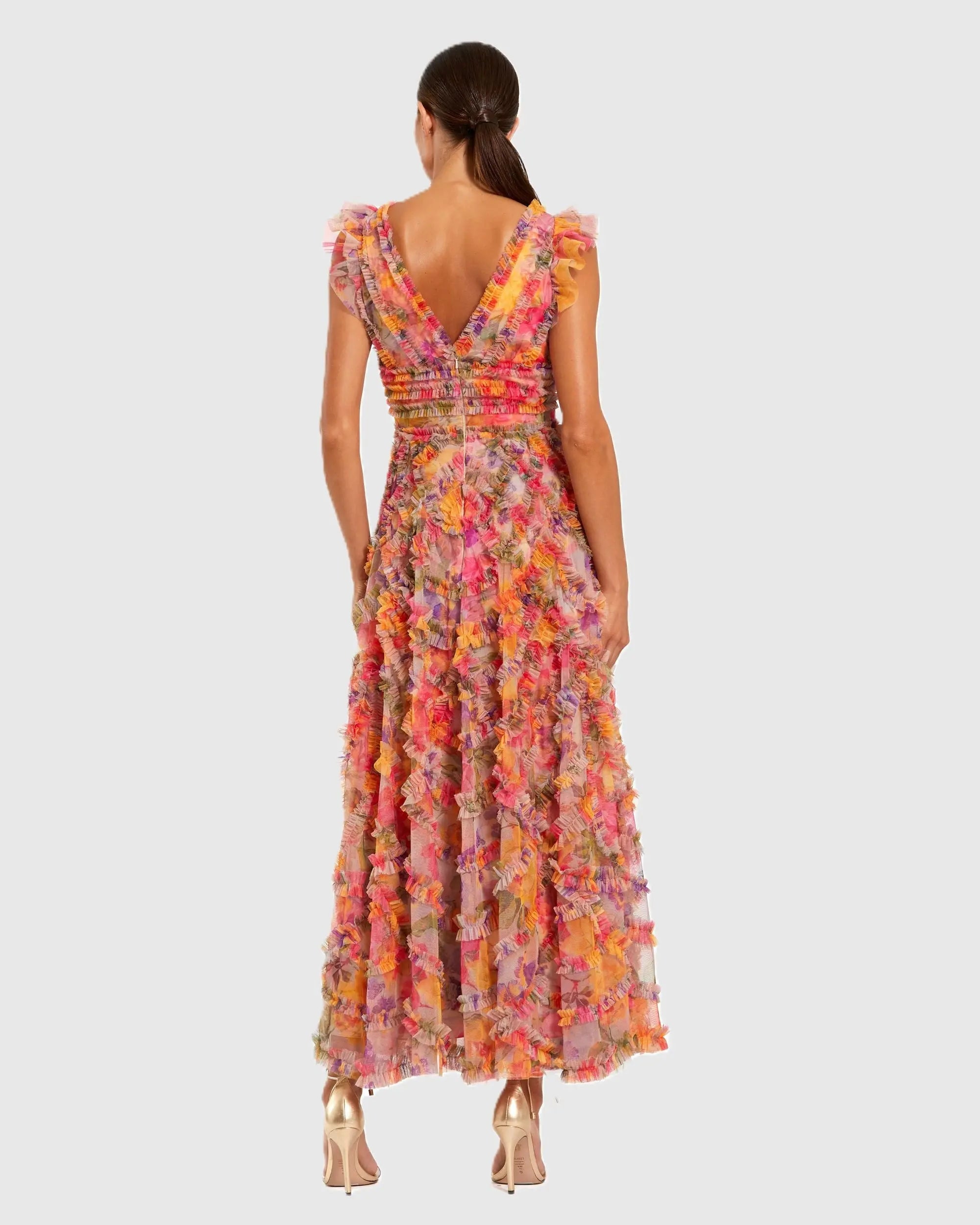 Multicolor Floral V-neck Ruffle Maxi Dress - Mac Duggal