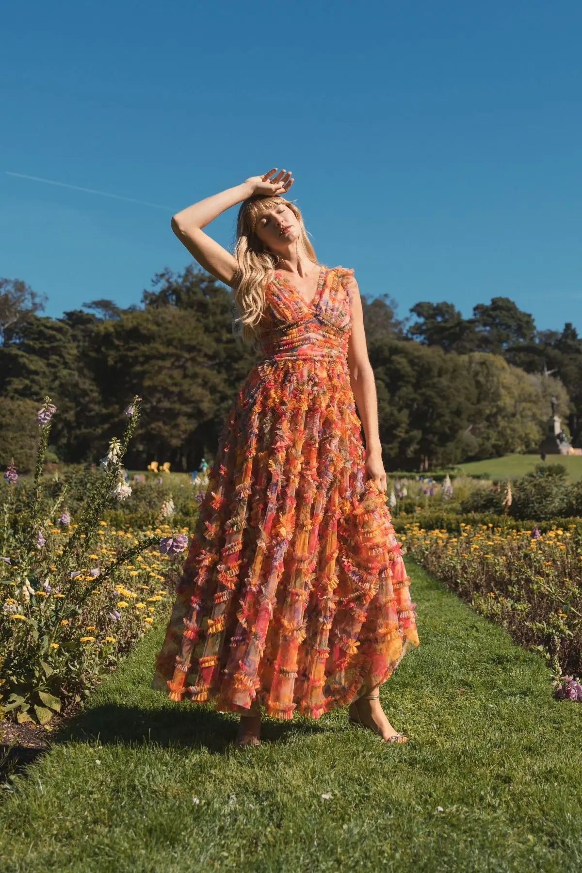Multicolor Floral V-Neck Ruffle Maxi Dress | Mac Duggal Multicolor Floral V-Neck Ruffle Maxi Dress | Mac Duggal